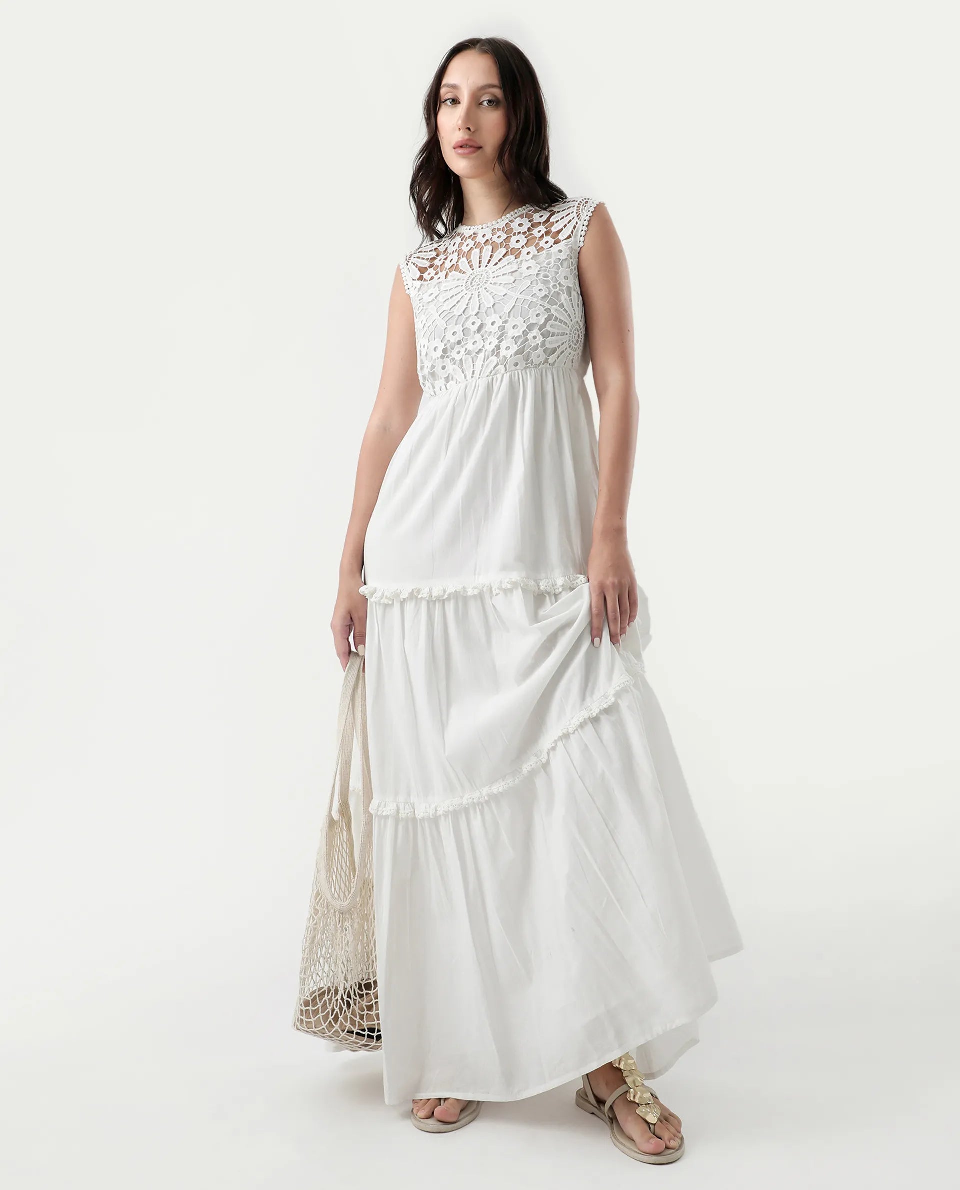 Rareism Women's Bhamona White Cotton Round Neck Plain Sleeveless Maxi Fit And Flare Dress