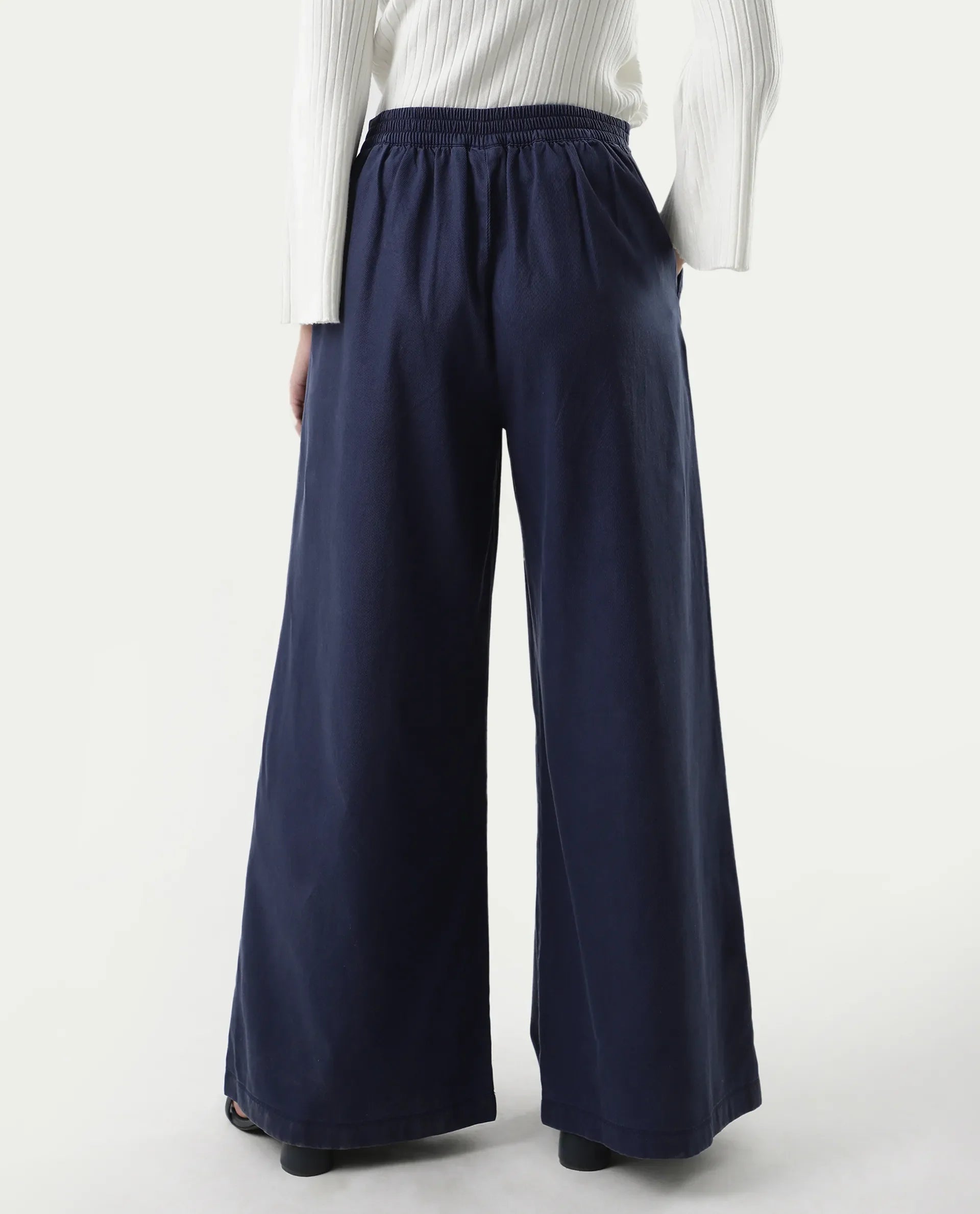 Rareism Women's Bhanella B Navy Cotton Blend Plain Ankle Length Flared Trouser