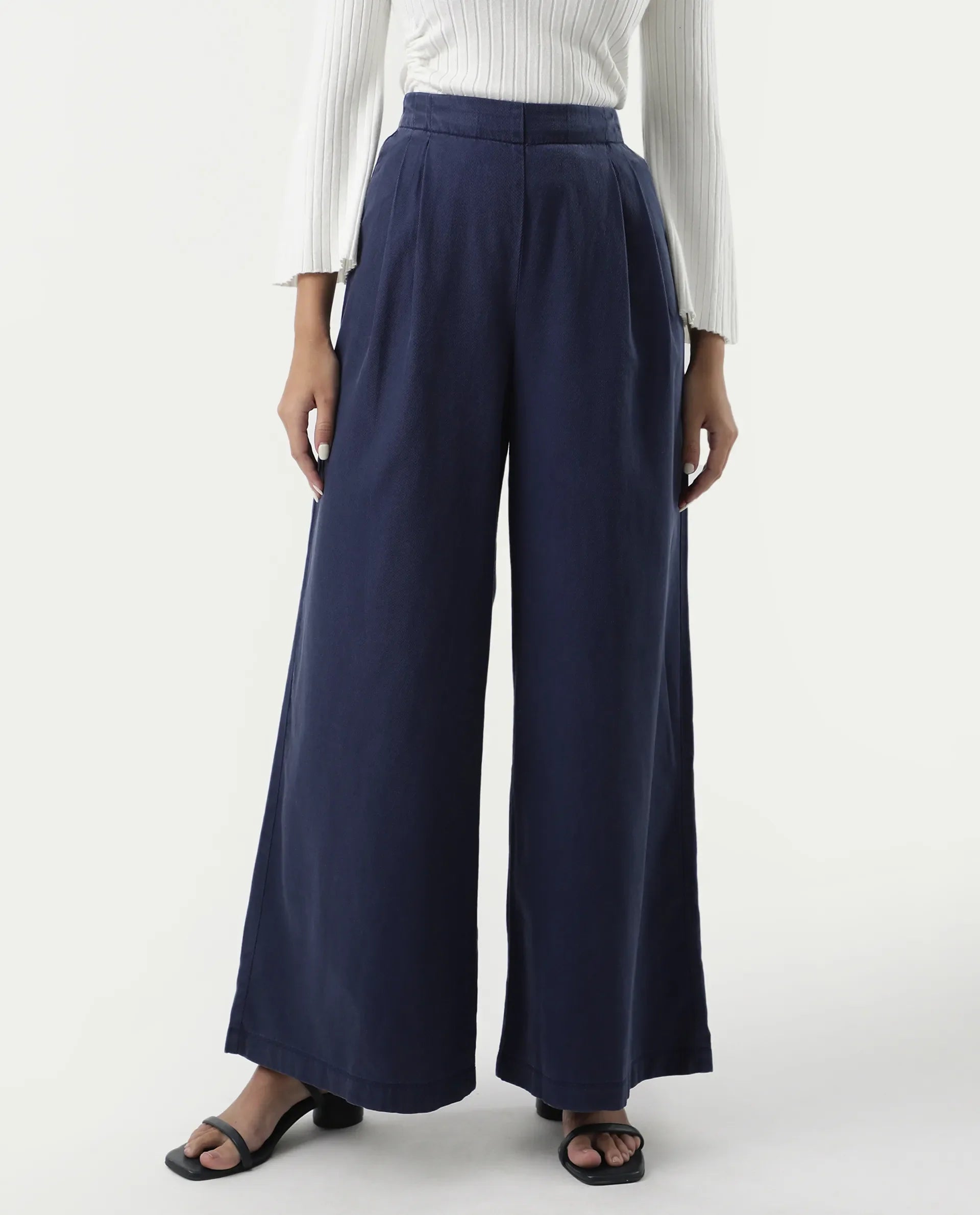Rareism Women's Bhanella B Navy Cotton Plain Ankle Length Flared Trouser