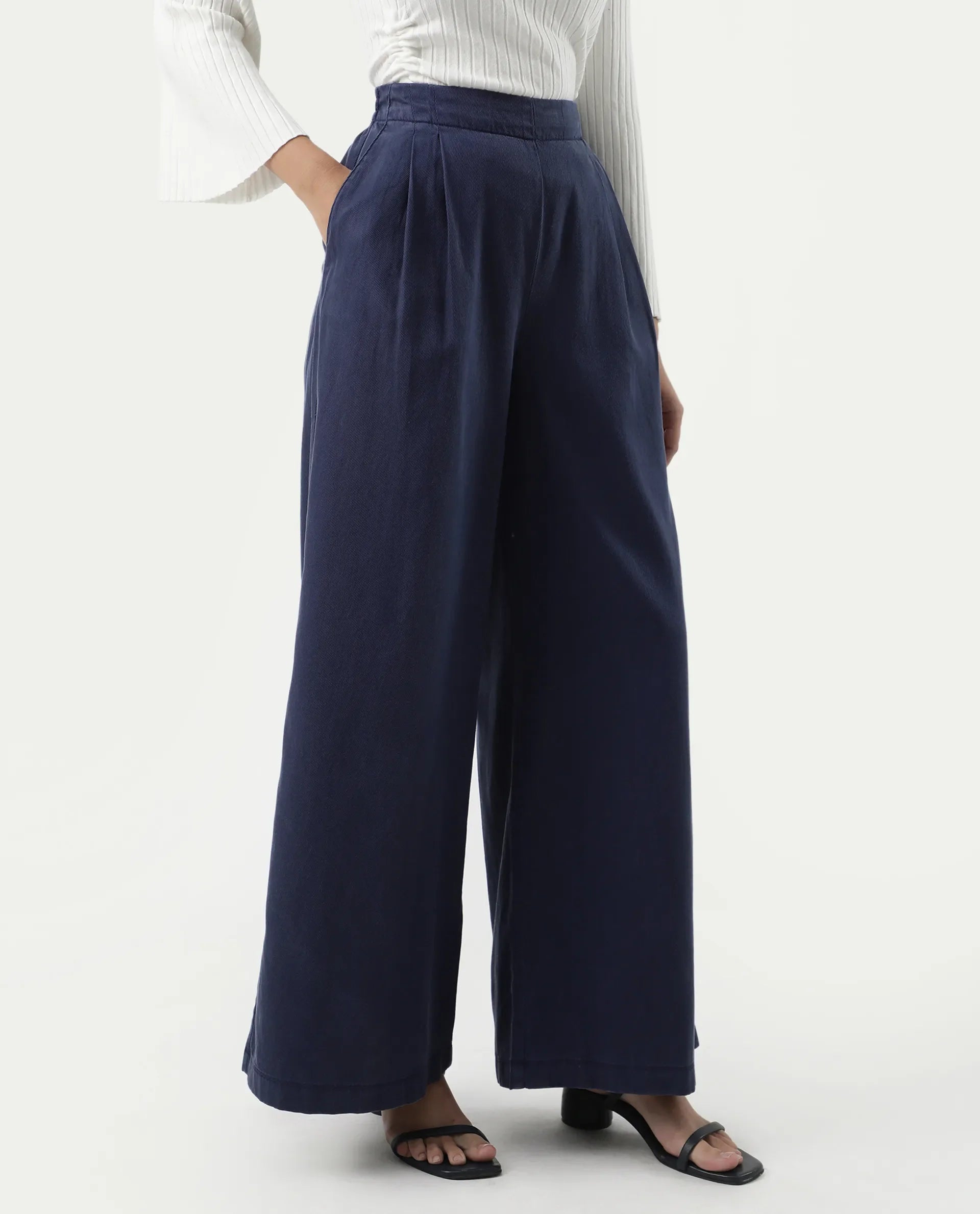 Rareism Women's Bhanella B Navy Cotton Blend Plain Ankle Length Flared Trouser