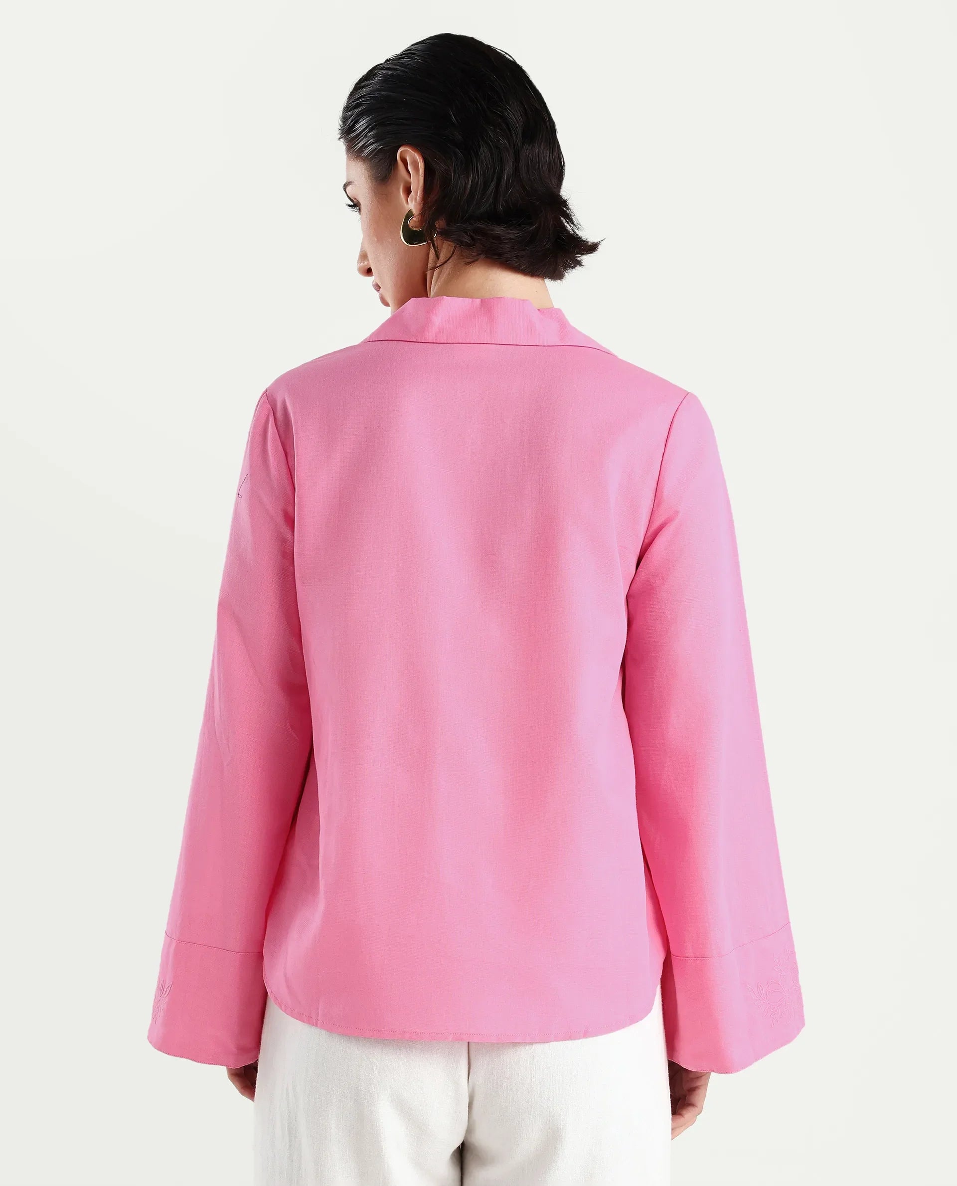 Rareism Women's Bhanis Light Pink Viscose Spread Collar Plain Bell Sleeve Relaxed Fit Top