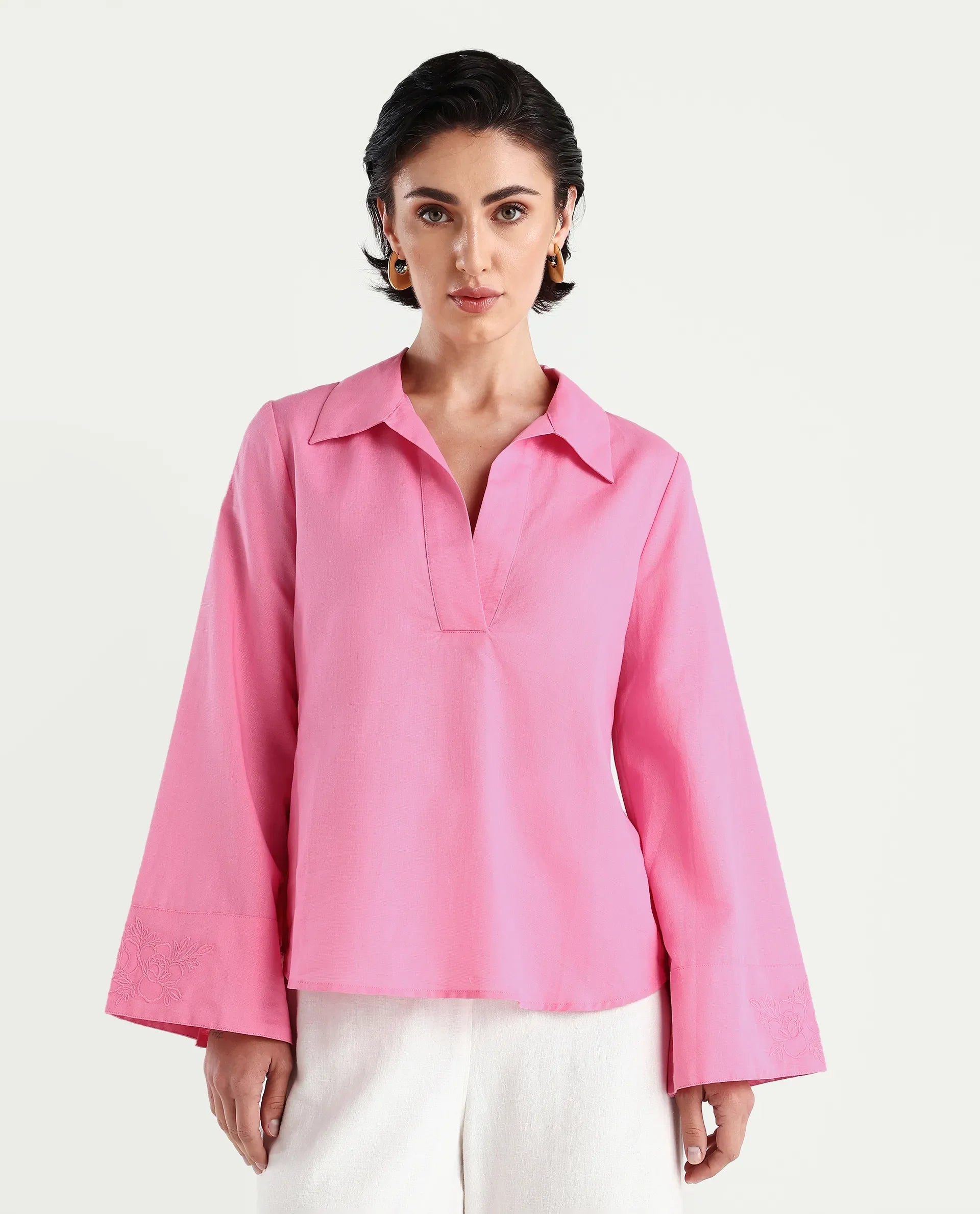 Rareism Women's Bhanis Light Pink Cotton Blend Spread Collar Plain Bell Sleeve Relaxed Fit Top