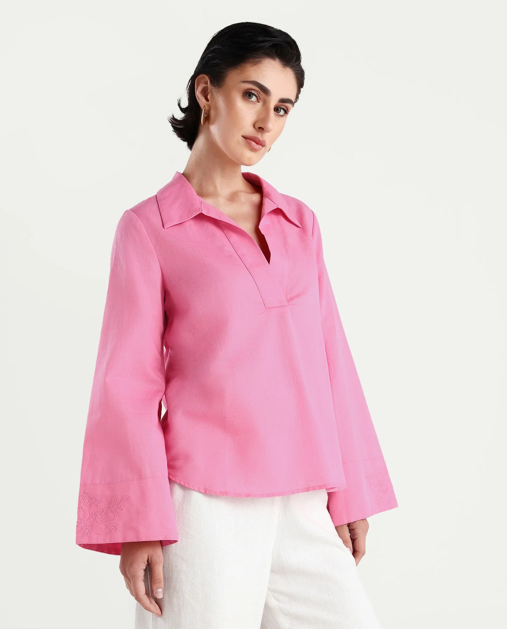 Rareism Women's Bhanis Light Pink Cotton Blend Spread Collar Plain Bell Sleeve Relaxed Fit Top