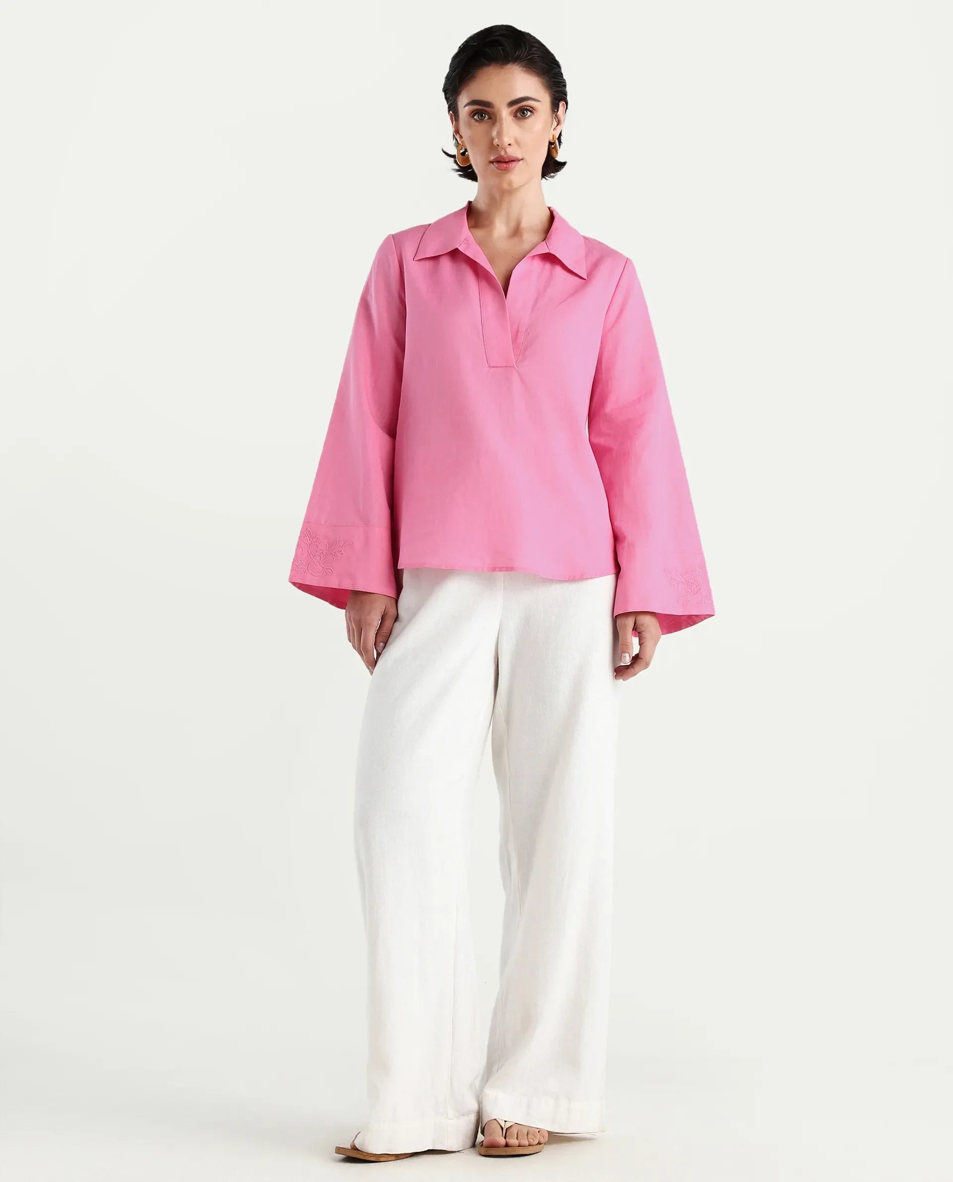 Rareism Women's Bhanis Light Pink Cotton Blend Spread Collar Plain Bell Sleeve Relaxed Fit Top