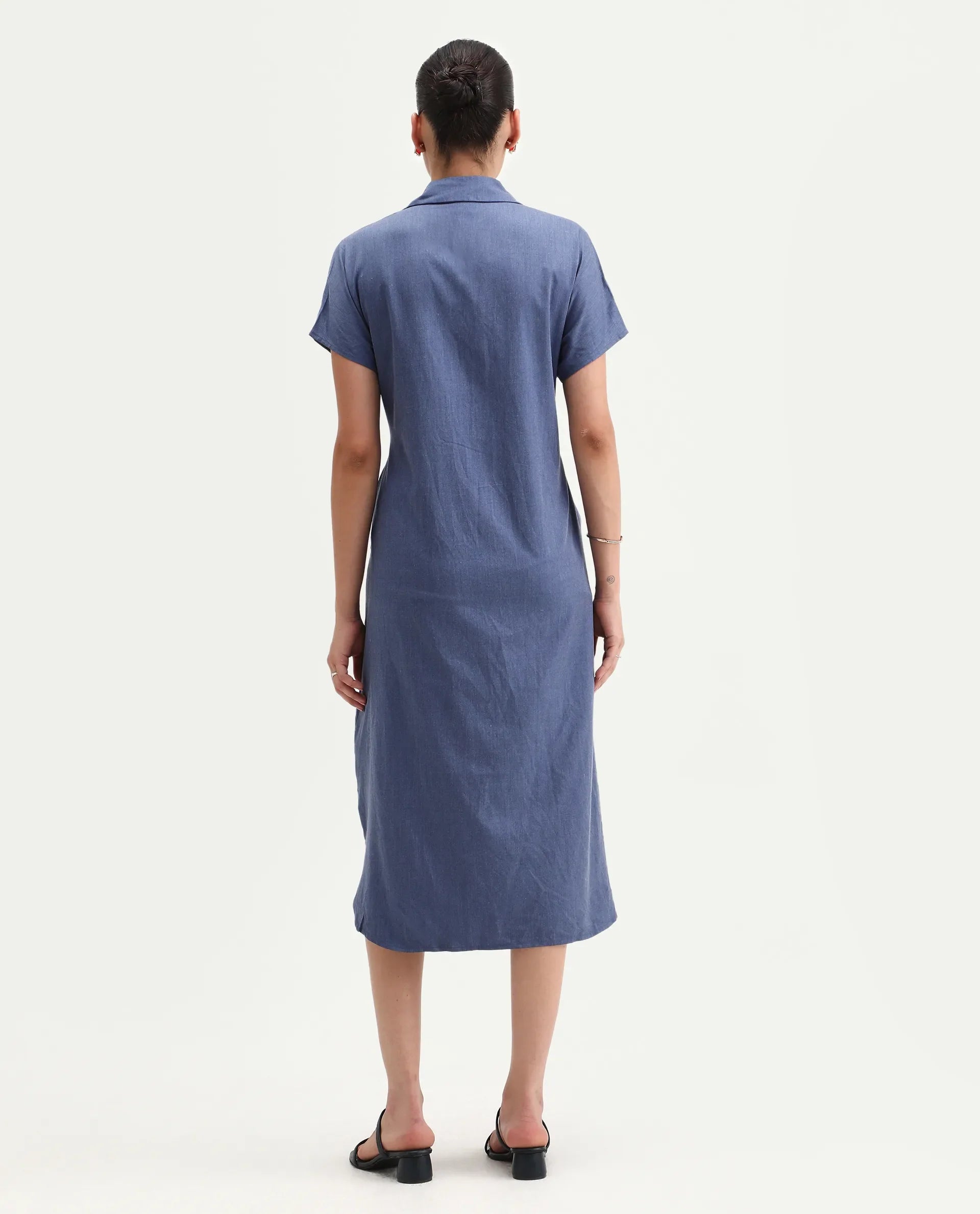 Rareism Women's Bhaque Light Blue Viscose Spread Collar Plain Balloon Sleeve Midi Straight Fit Dress