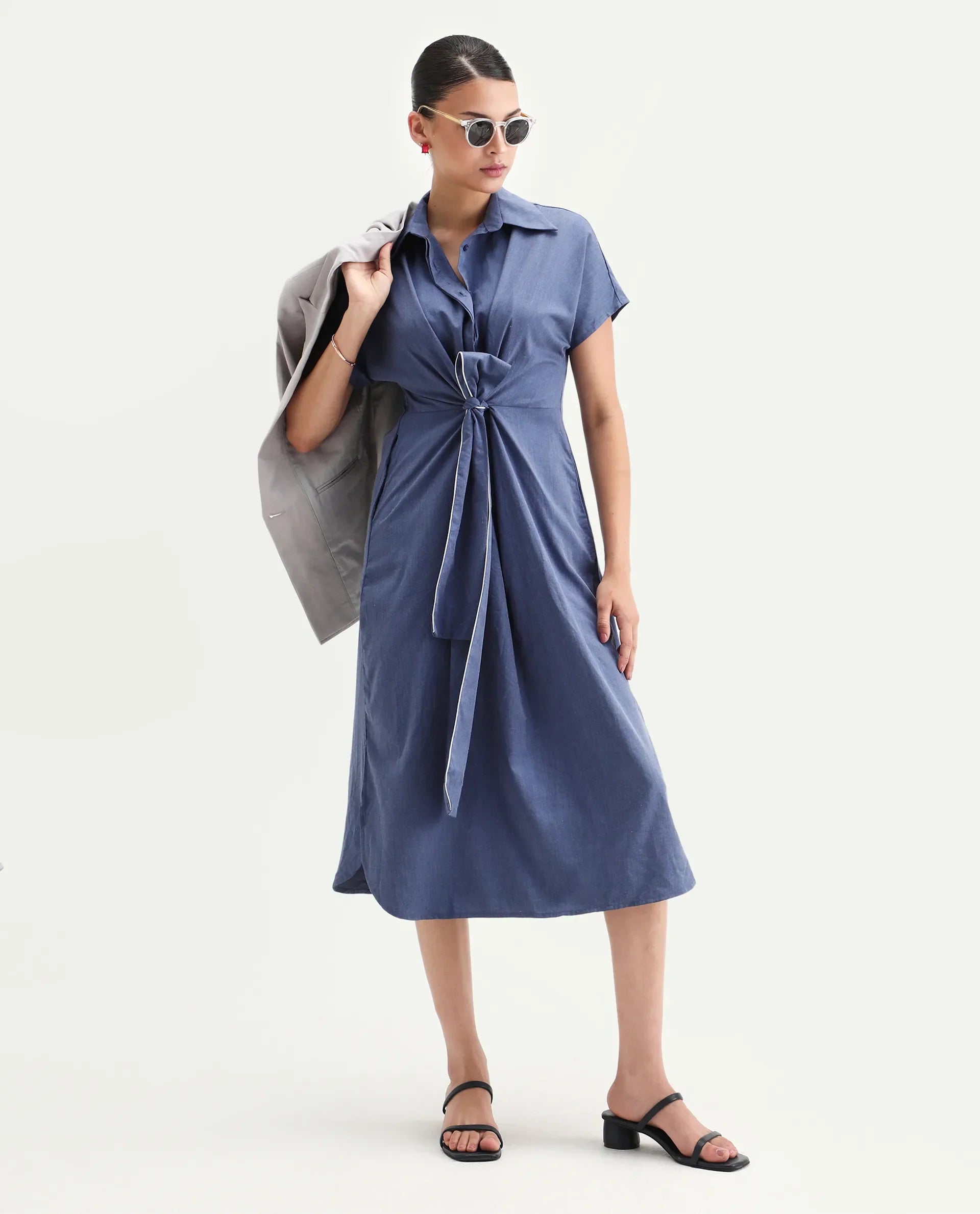 Rareism Women's Bhaque Light Blue Polyester Blend Spread Collar Plain Balloon Sleeve Midi Straight Fit Dress