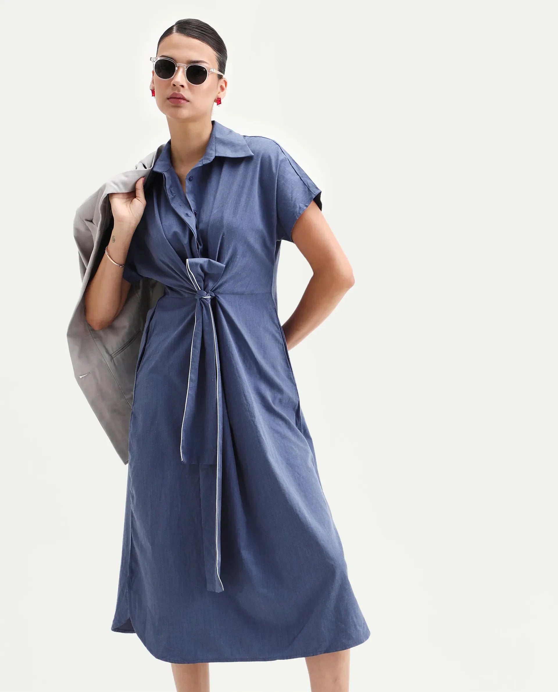 Rareism Women's Bhaque Light Blue Viscose Spread Collar Plain Balloon Sleeve Midi Straight Fit Dress