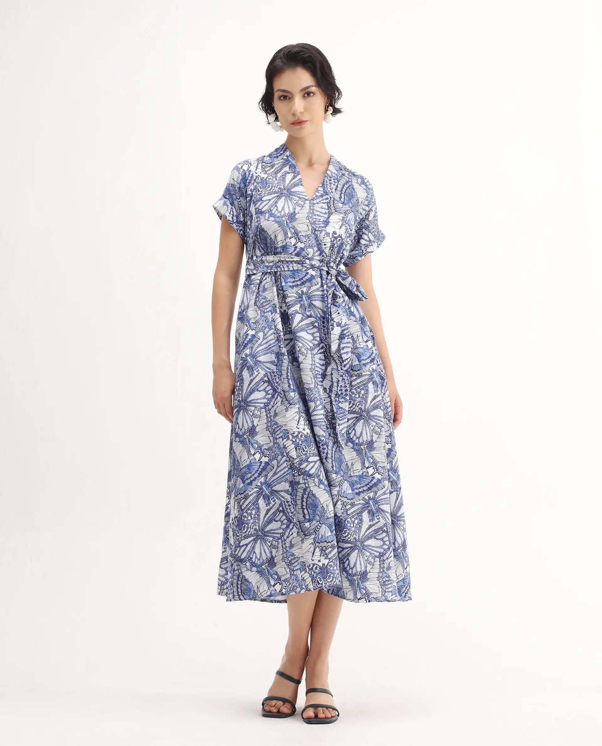 Rareism Women's Bharnaj Blue Cotton Johnny Collar Abstract Print Kimono Sleeve Midi Flared Dress