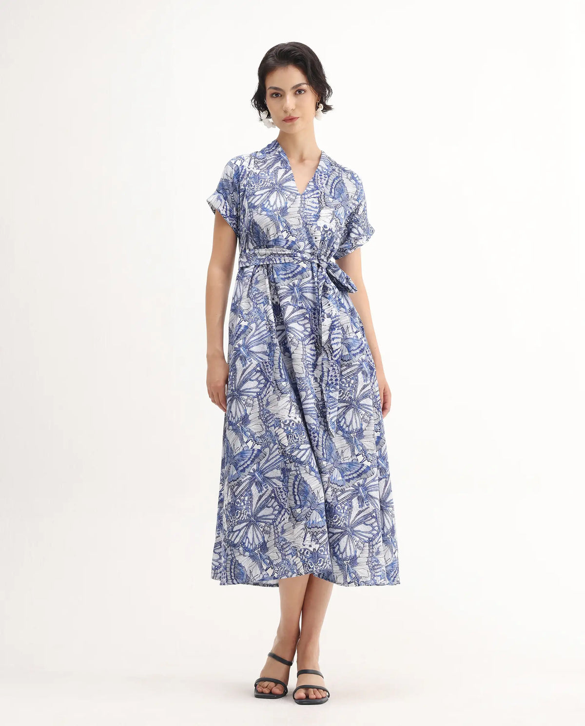 Rareism Women's Bharnaj Blue Cotton Blend Johnny Collar Abstract Print Kimono Sleeve Midi Flared Dress