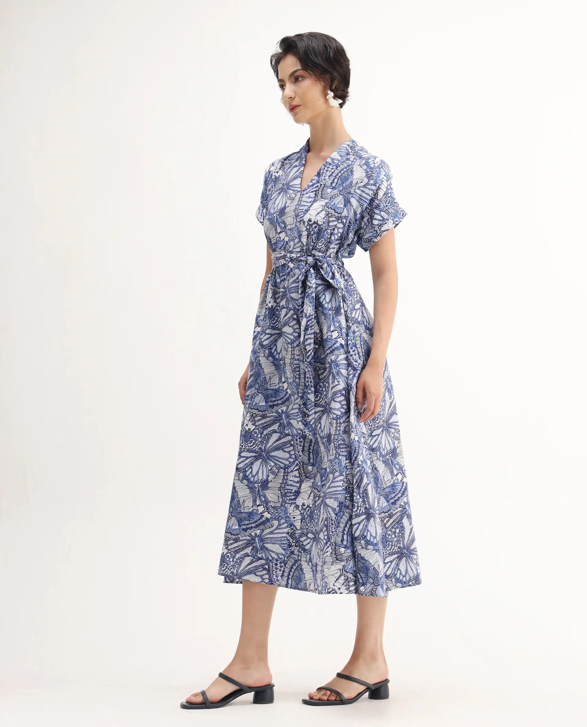 Rareism Women's Bharnaj Blue Cotton Blend Johnny Collar Abstract Print Kimono Sleeve Midi Flared Dress