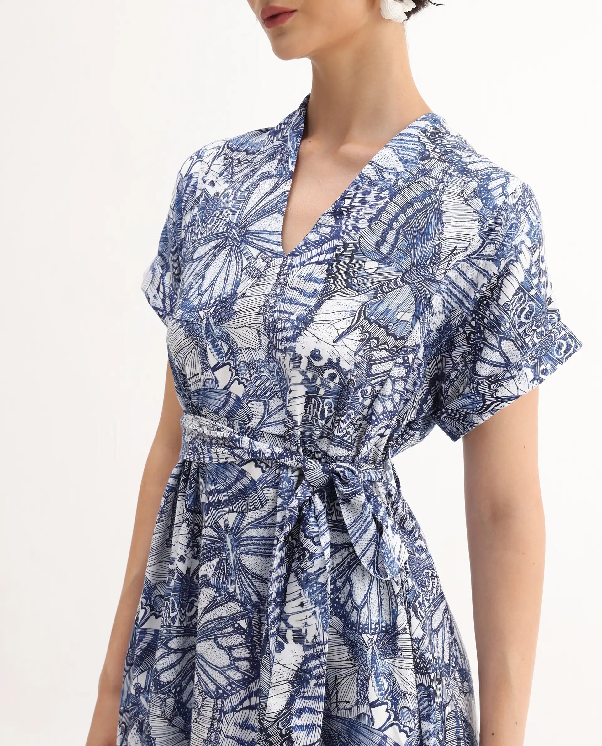 Rareism Women's Bharnaj Blue Cotton Blend Johnny Collar Abstract Print Kimono Sleeve Midi Flared Dress