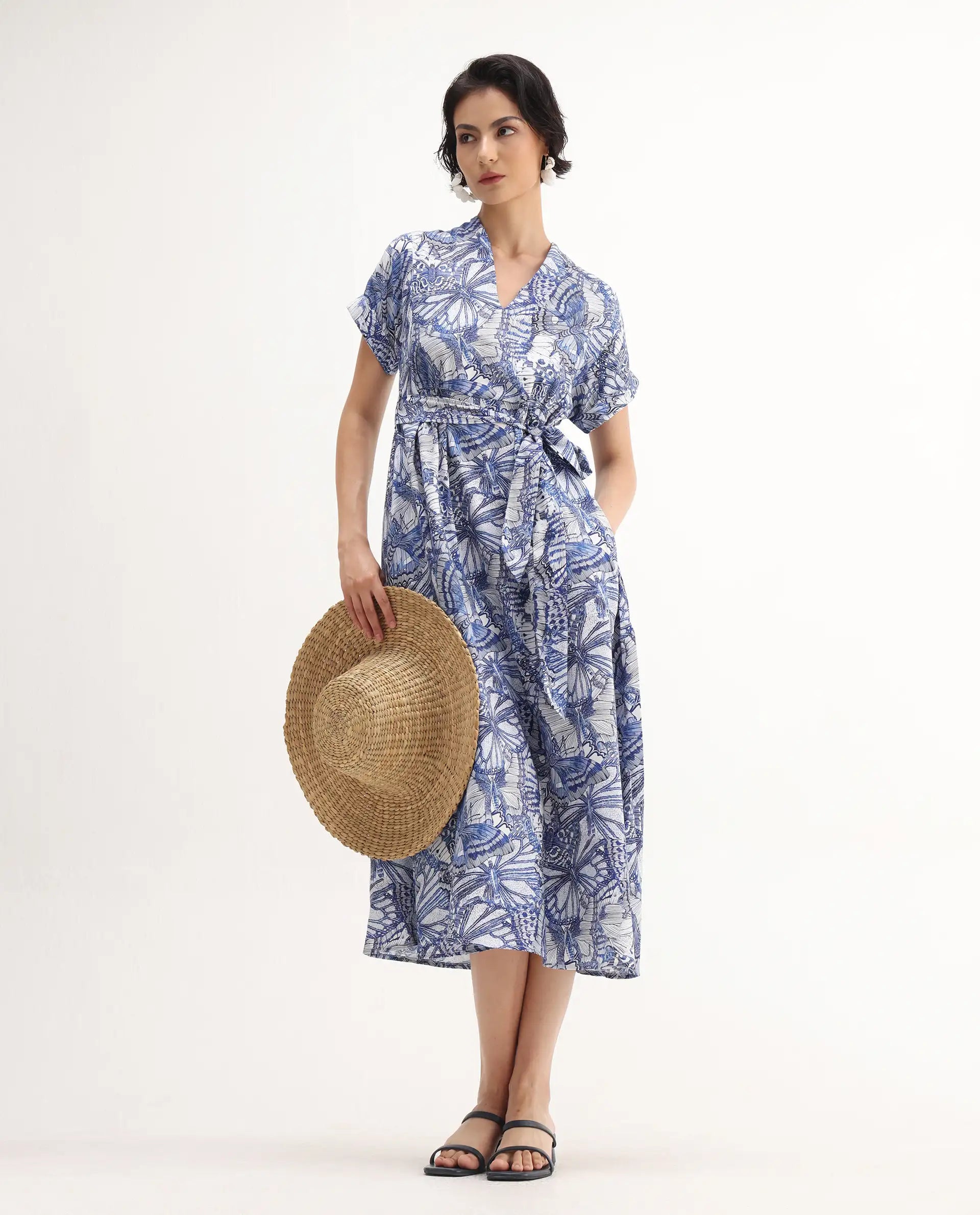 Rareism Women's Bharnaj Blue Cotton Johnny Collar Abstract Print Kimono Sleeve Midi Flared Dress