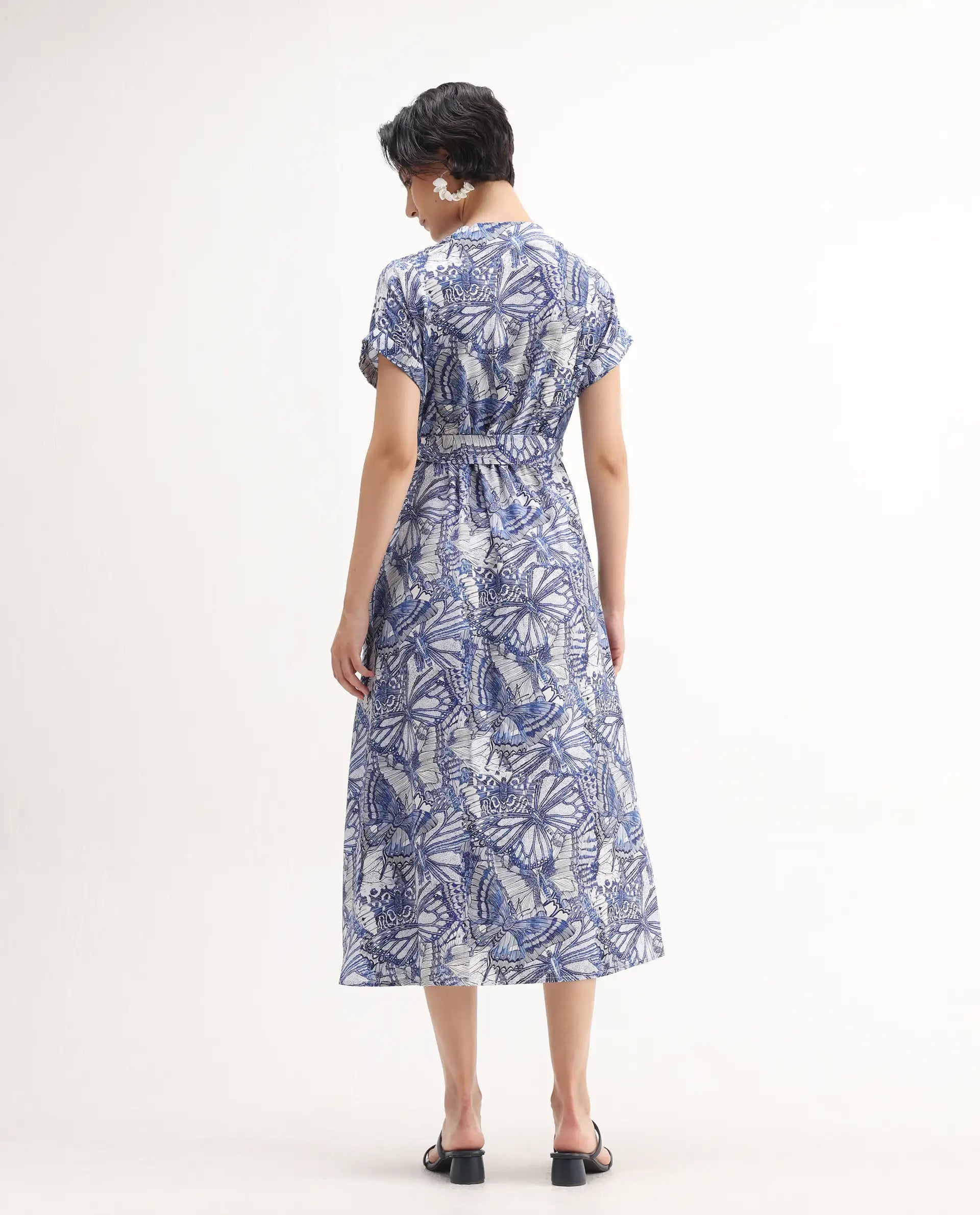 Rareism Women's Bharnaj Blue Cotton Blend Johnny Collar Abstract Print Kimono Sleeve Midi Flared Dress