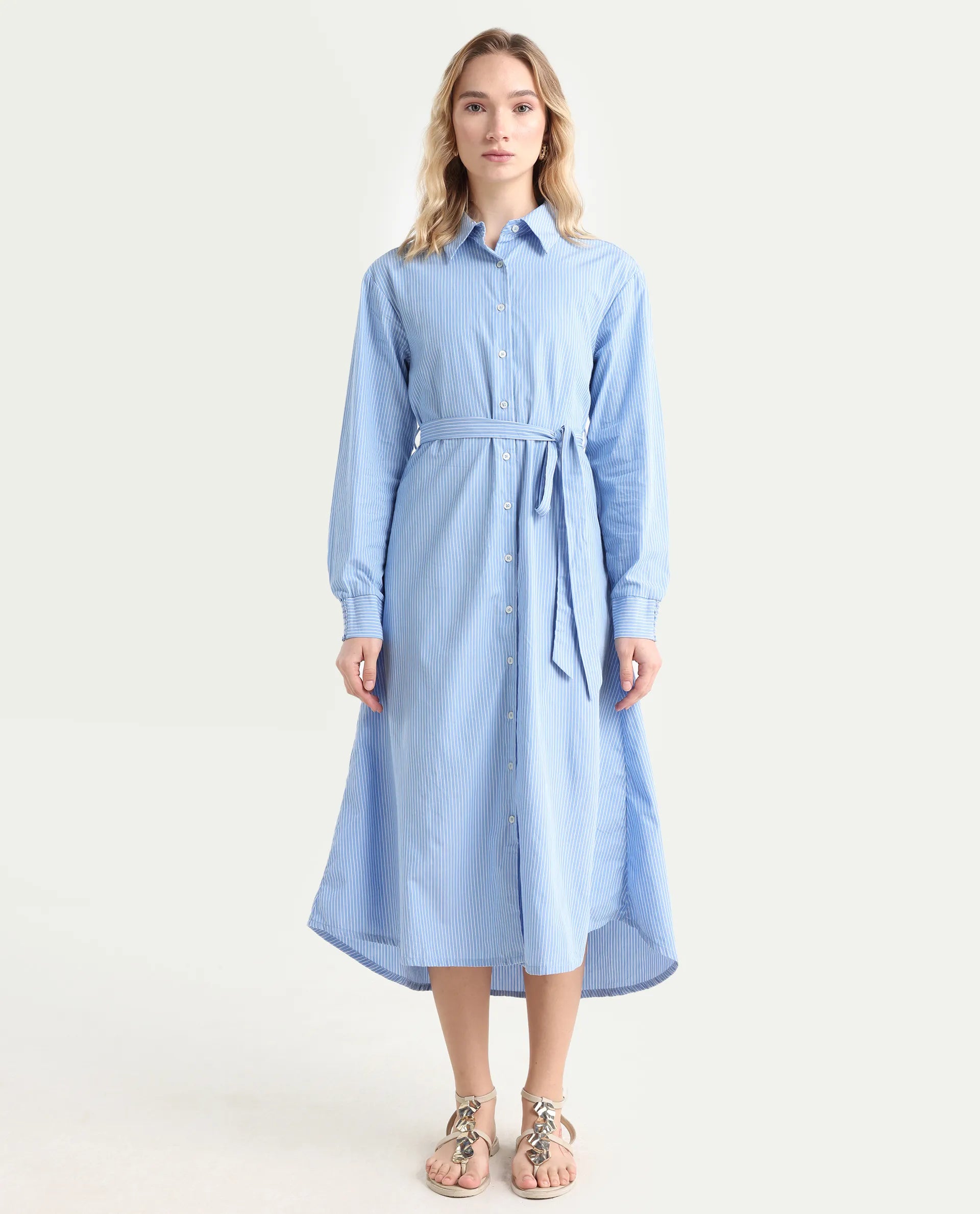 Rareism Women's Bharon Light Blue Cotton Spread Collar Striped Cuffed Sleeve Midi Straight Fit Dress