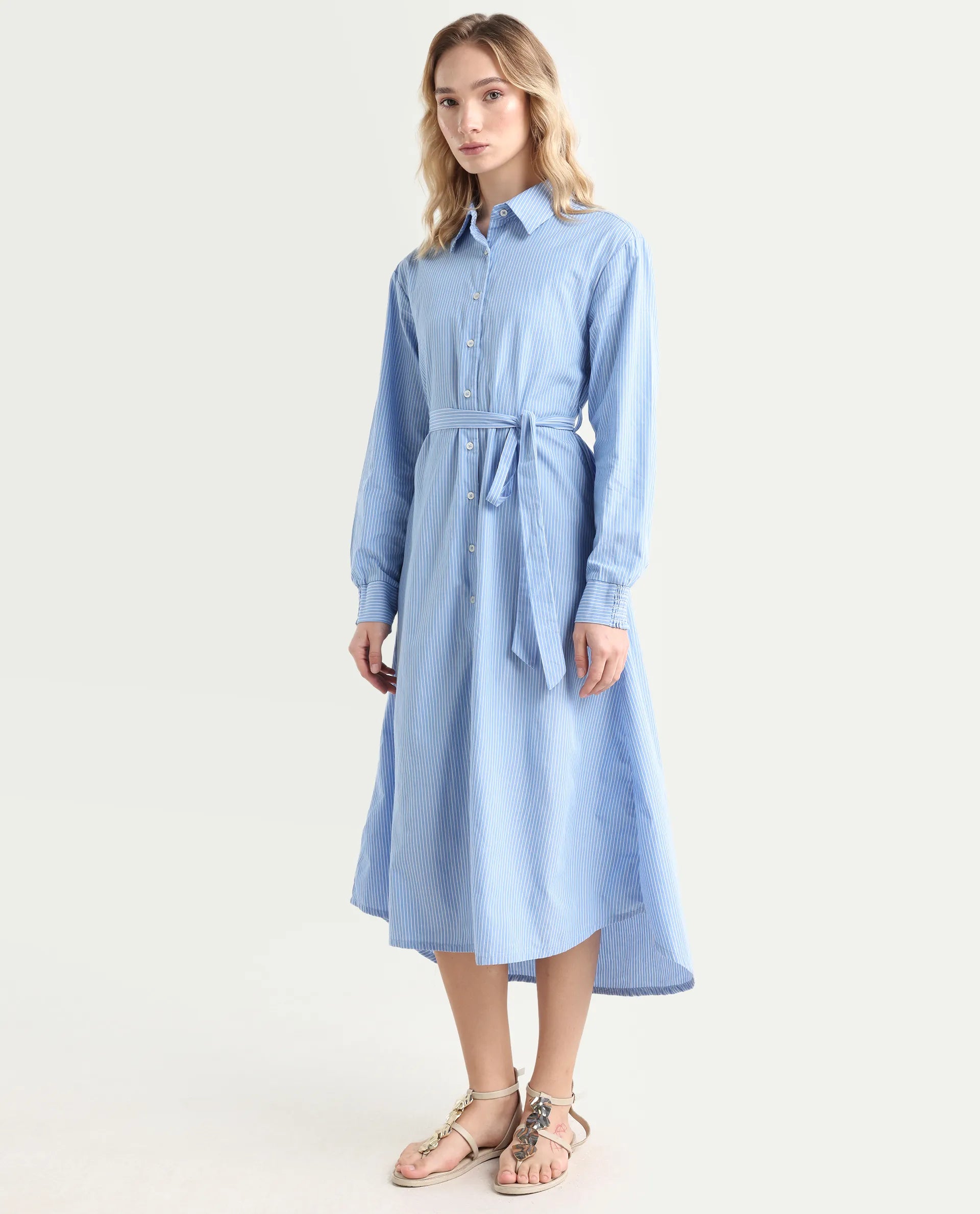 Rareism Women's Bharon Light Blue Cotton Spread Collar Striped Cuffed Sleeve Midi Straight Fit Dress