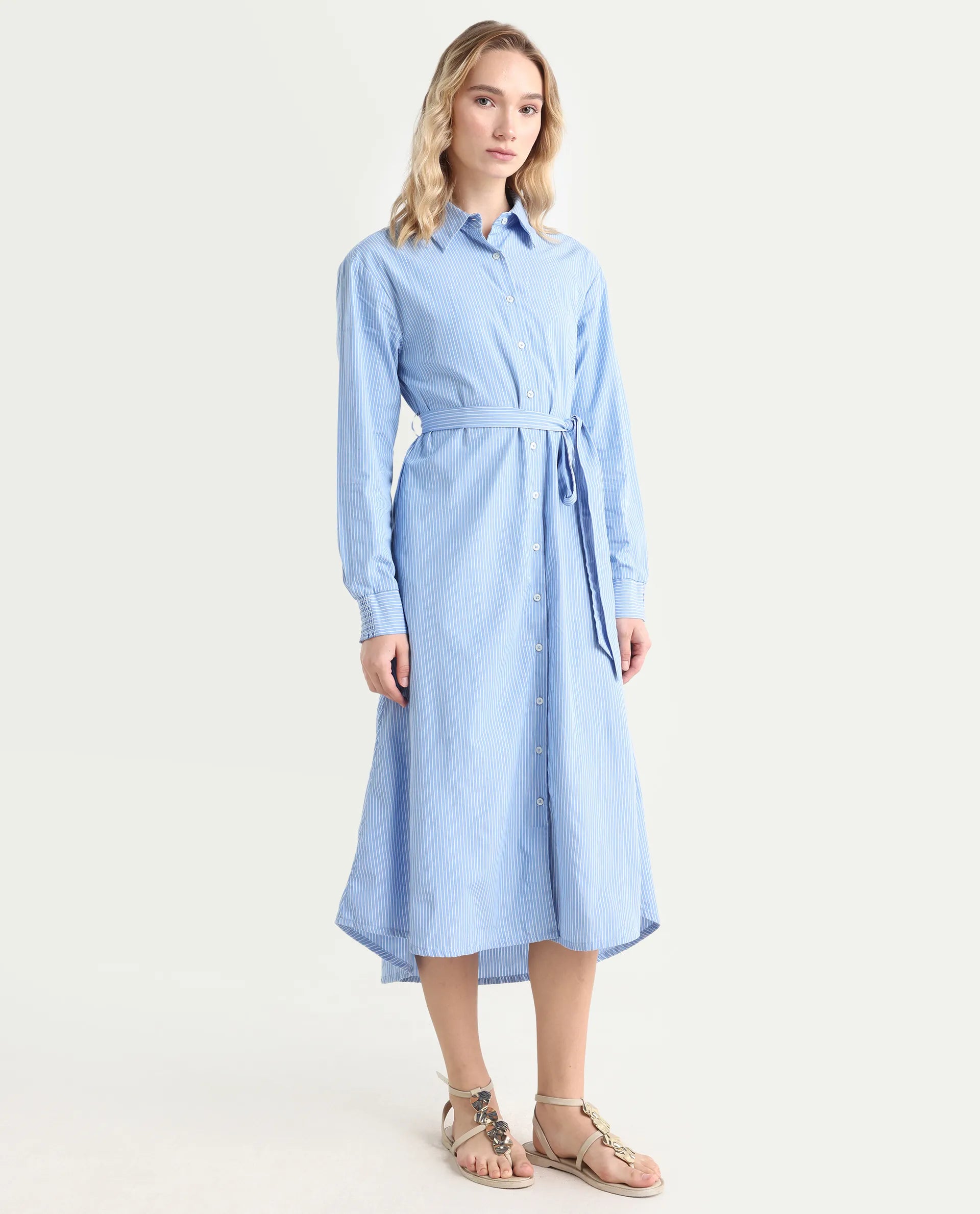 Rareism Women's Bharon Light Blue Cotton Spread Collar Striped Cuffed Sleeve Midi Straight Fit Dress
