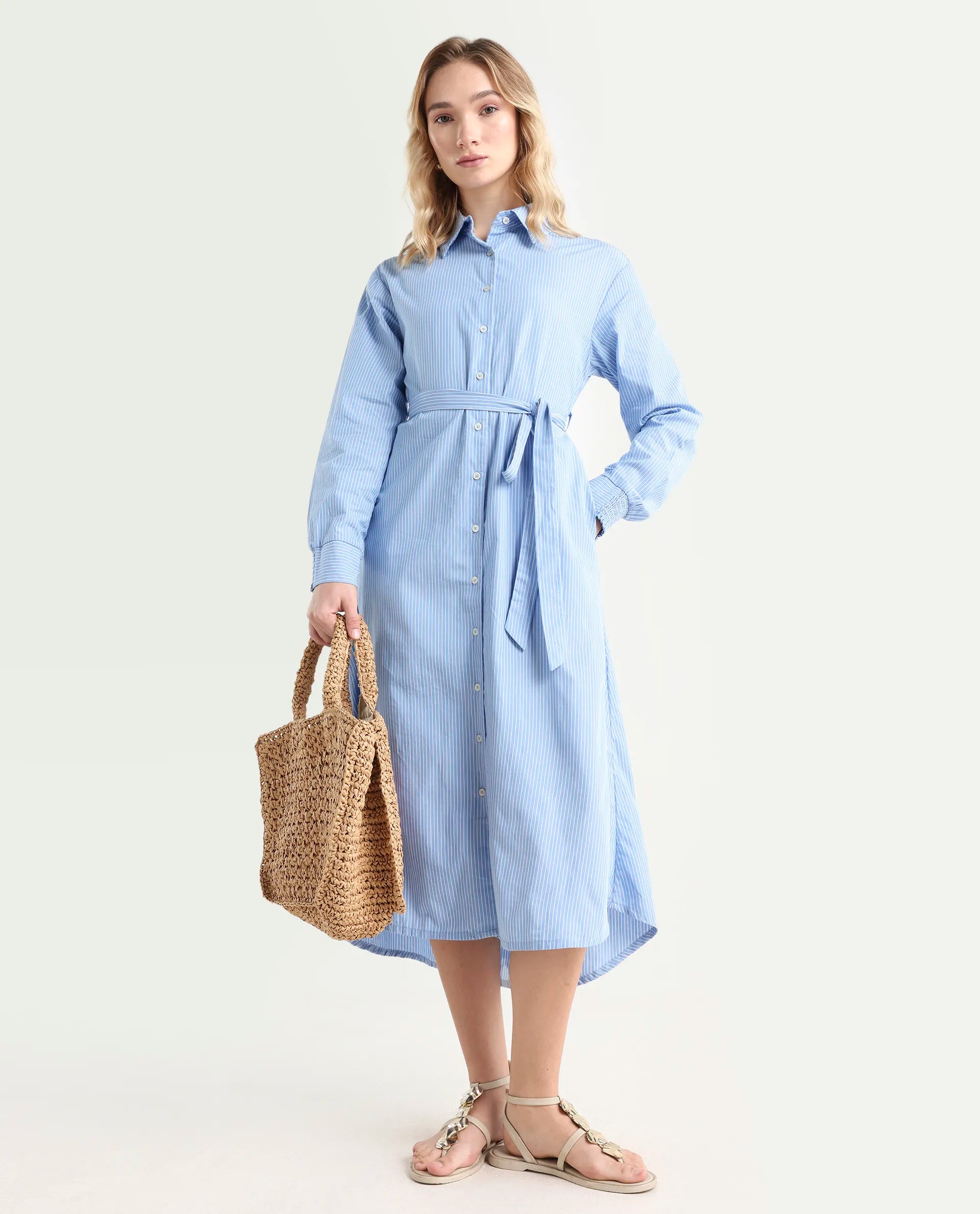 Rareism Women's Bharon Light Blue Cotton Spread Collar Striped Cuffed Sleeve Midi Straight Fit Dress