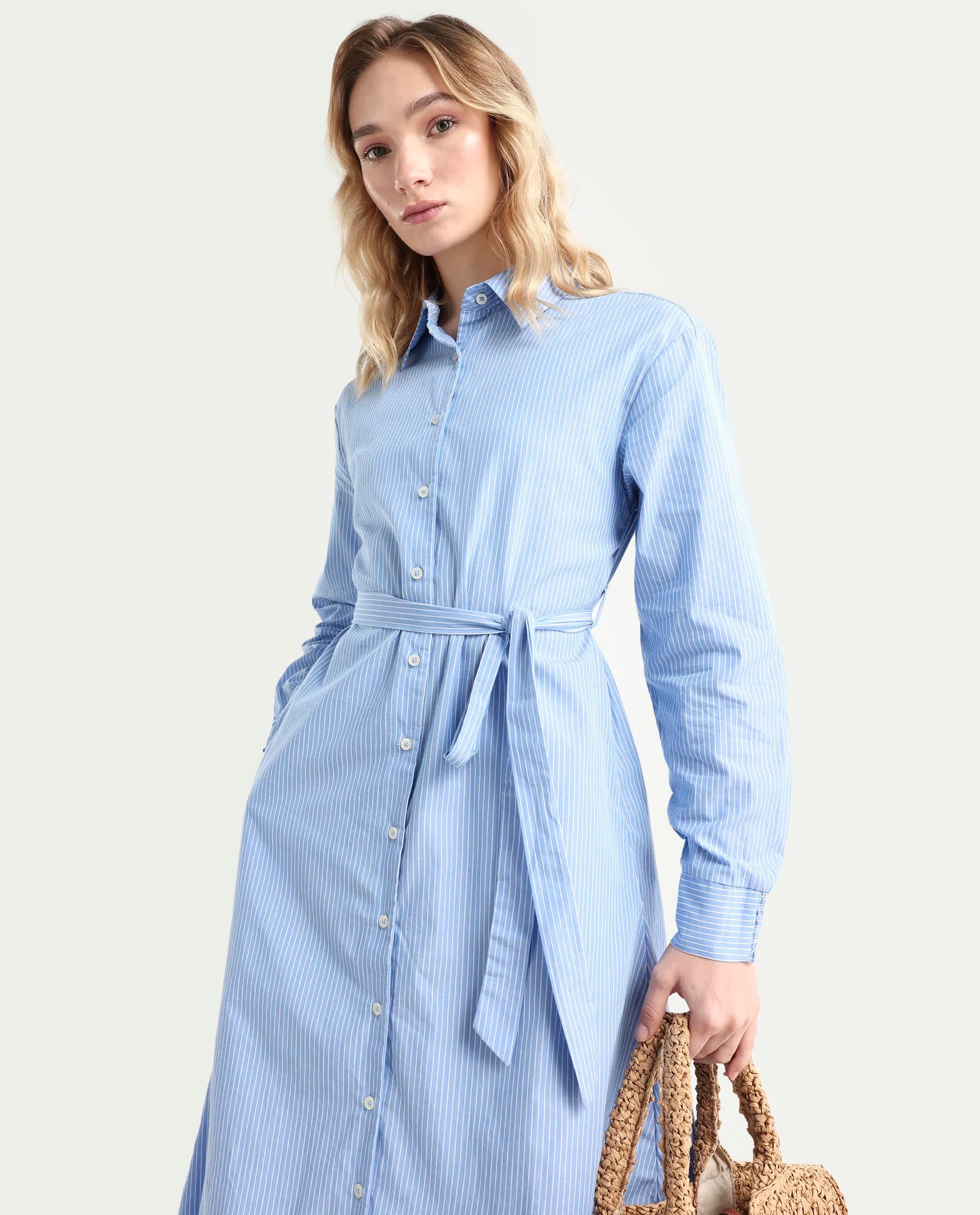 Rareism Women's Bharon Light Blue Cotton Spread Collar Striped Cuffed Sleeve Midi Straight Fit Dress