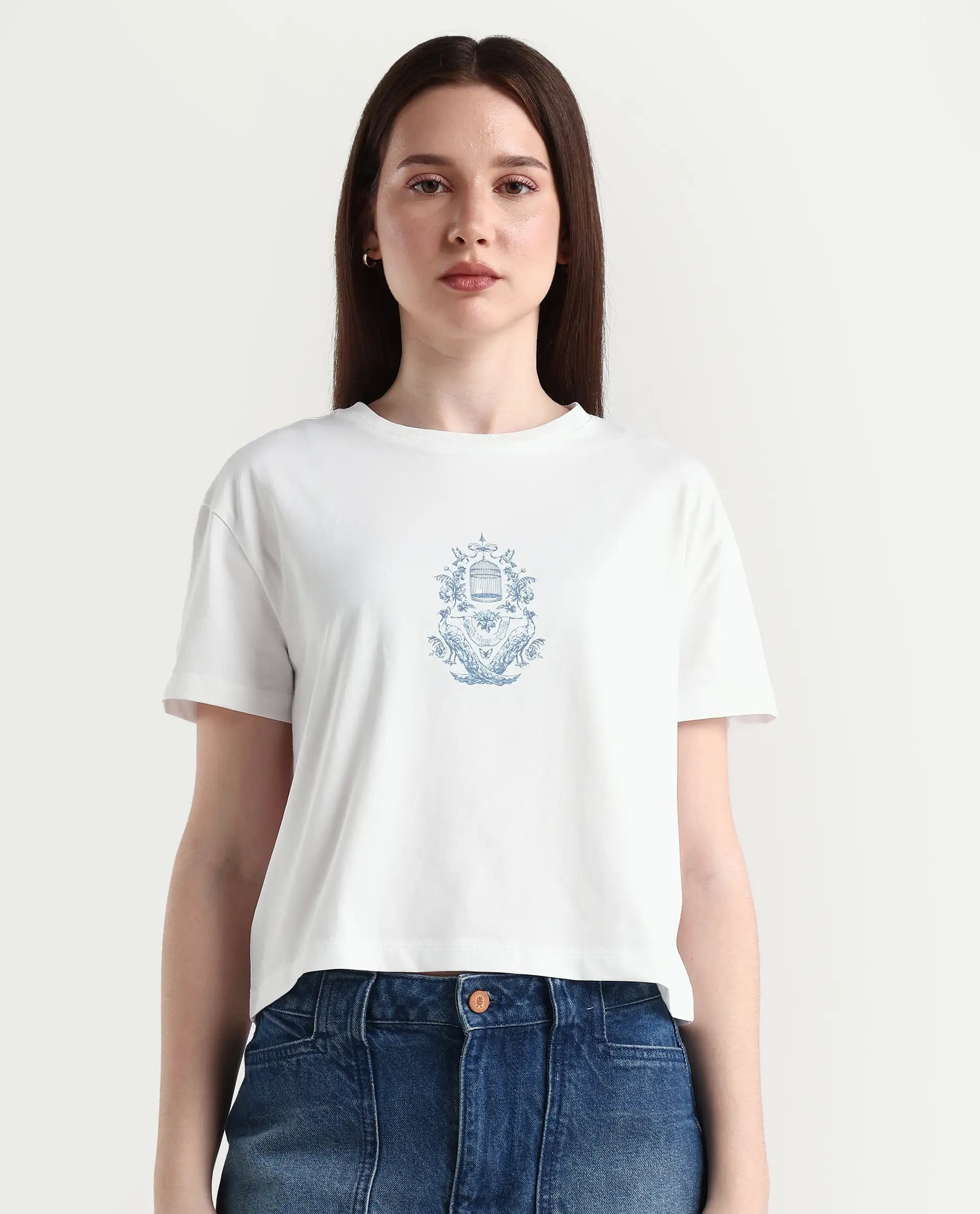 Rareism Women's Bharop Off White Cotton Crew Neck Graphic Print Crop Regular Fit T-Shirt