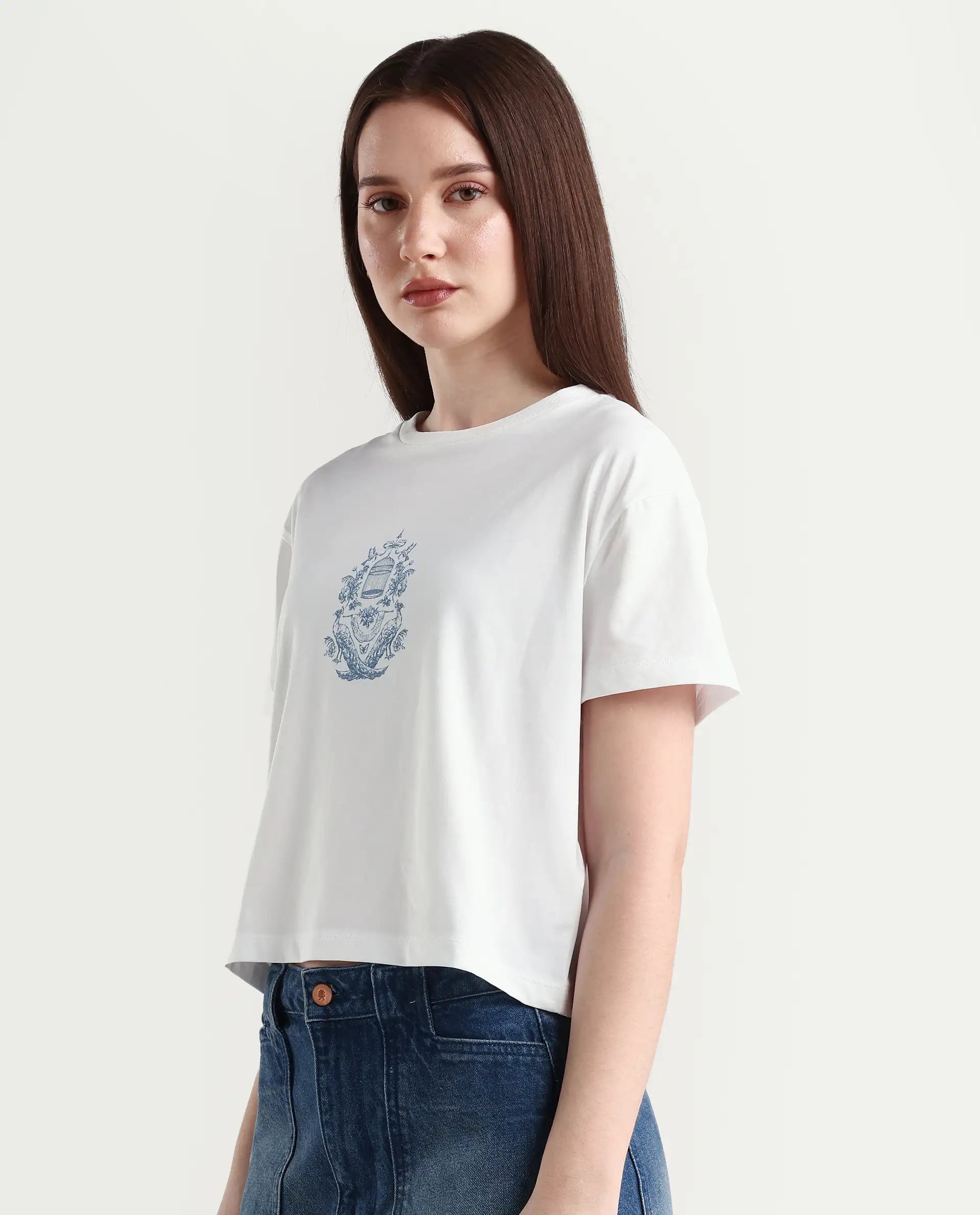 Rareism Women's Bharop Off White Cotton Crew Neck Graphic Print Crop Regular Fit T-Shirt