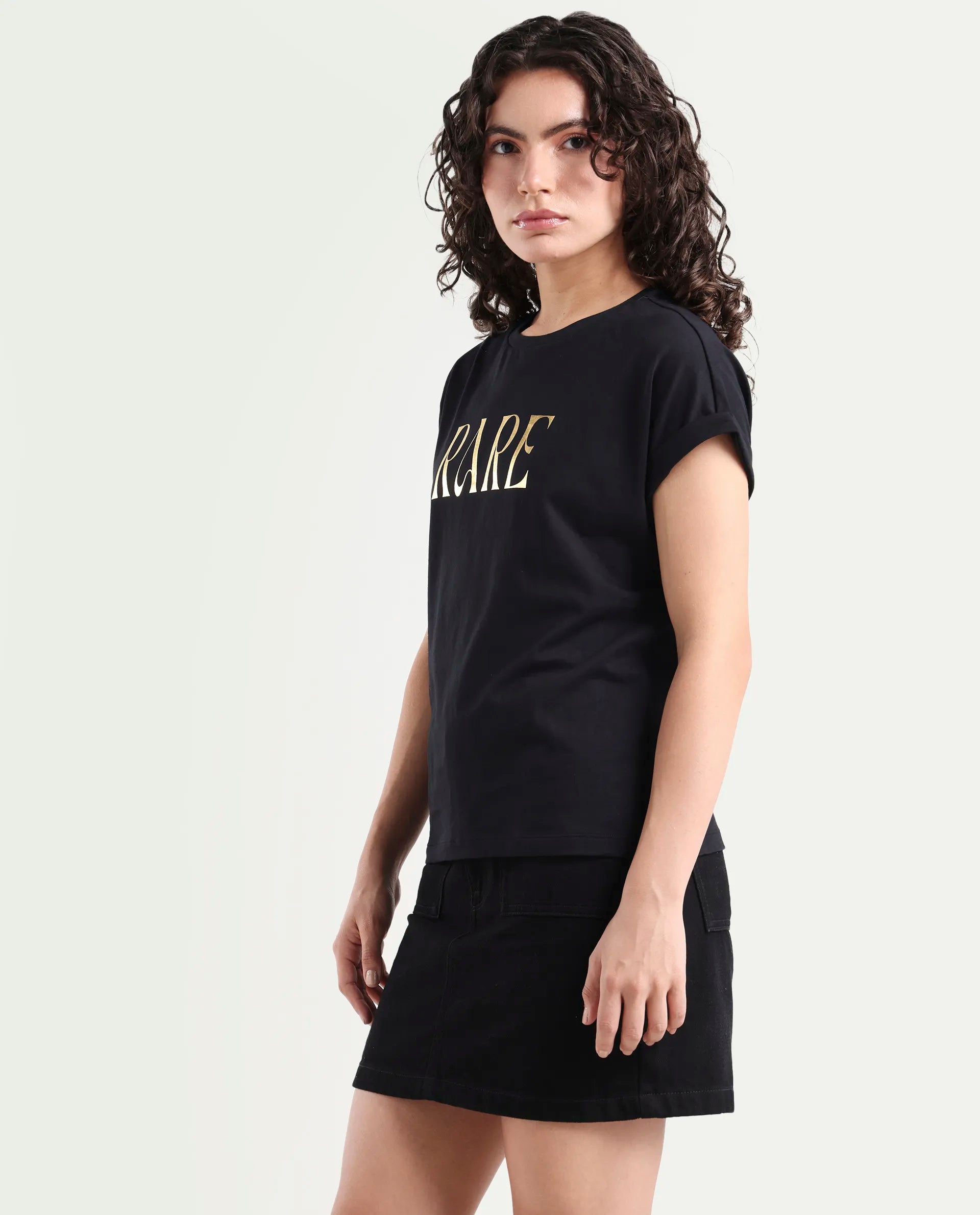 Rareism Women's Bhars Black Viscose Blend Crew Neck Regular Fit Typography Print T-Shirt