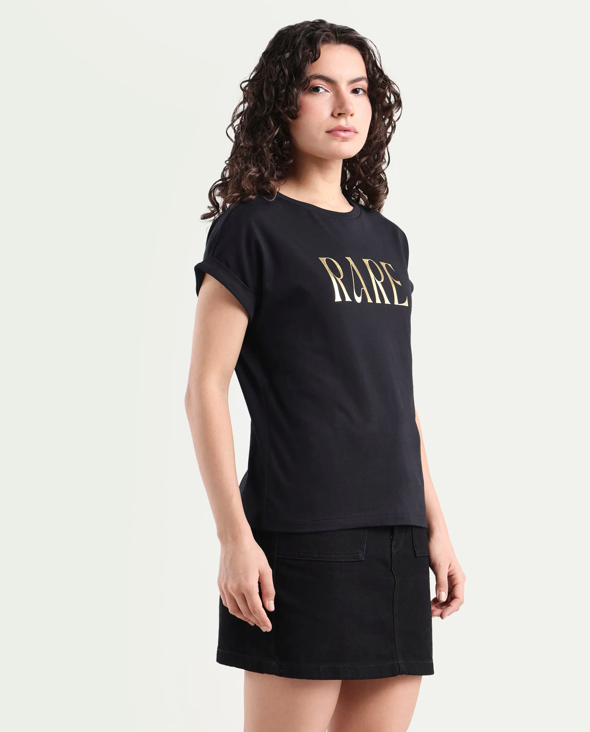 Rareism Women's Bhars Black Viscose Blend Crew Neck Regular Fit Typography Print T-Shirt