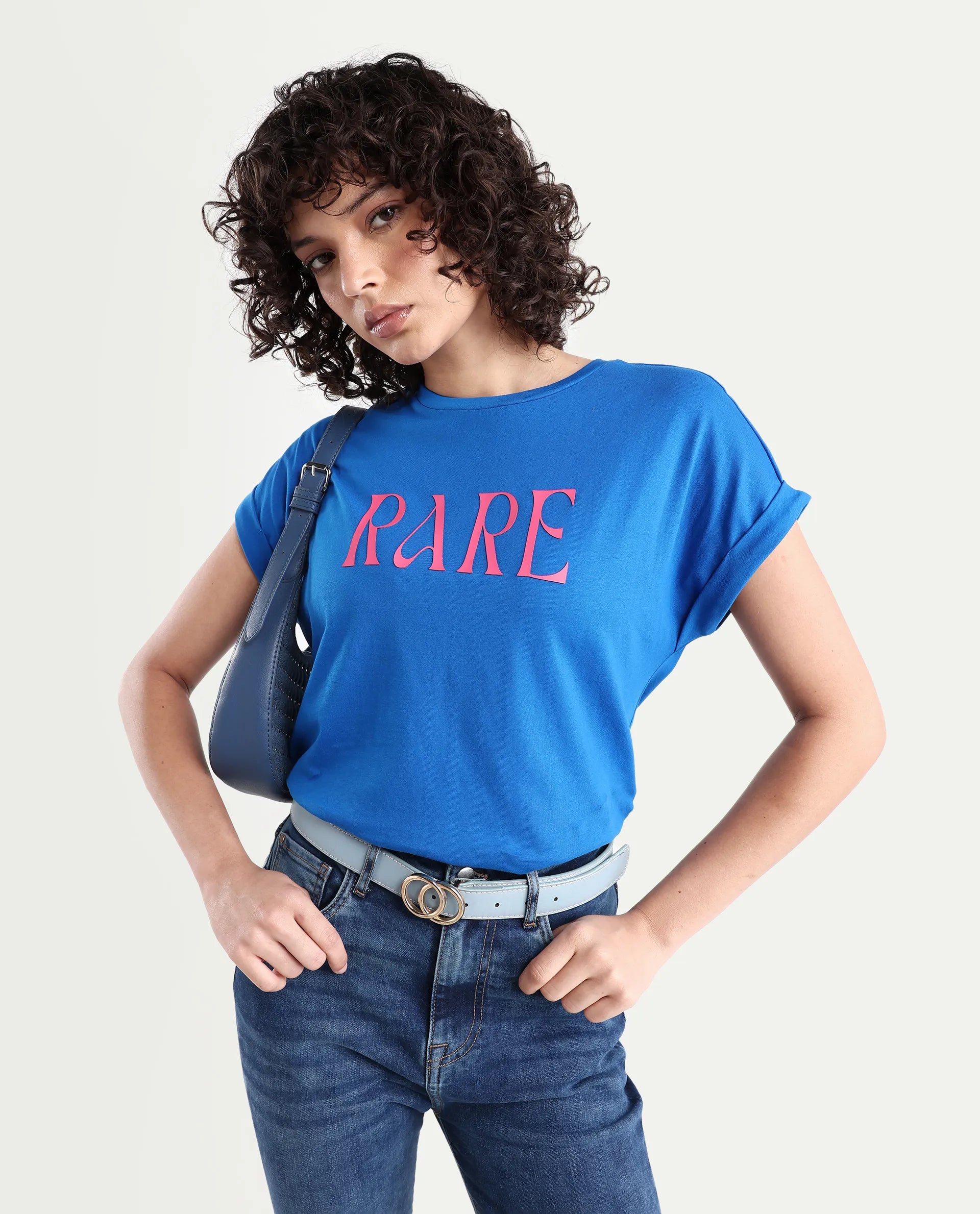 Rareism Women's Bhars Blue Viscose Blend Crew Neck Regular Fit Typography Print T-Shirt