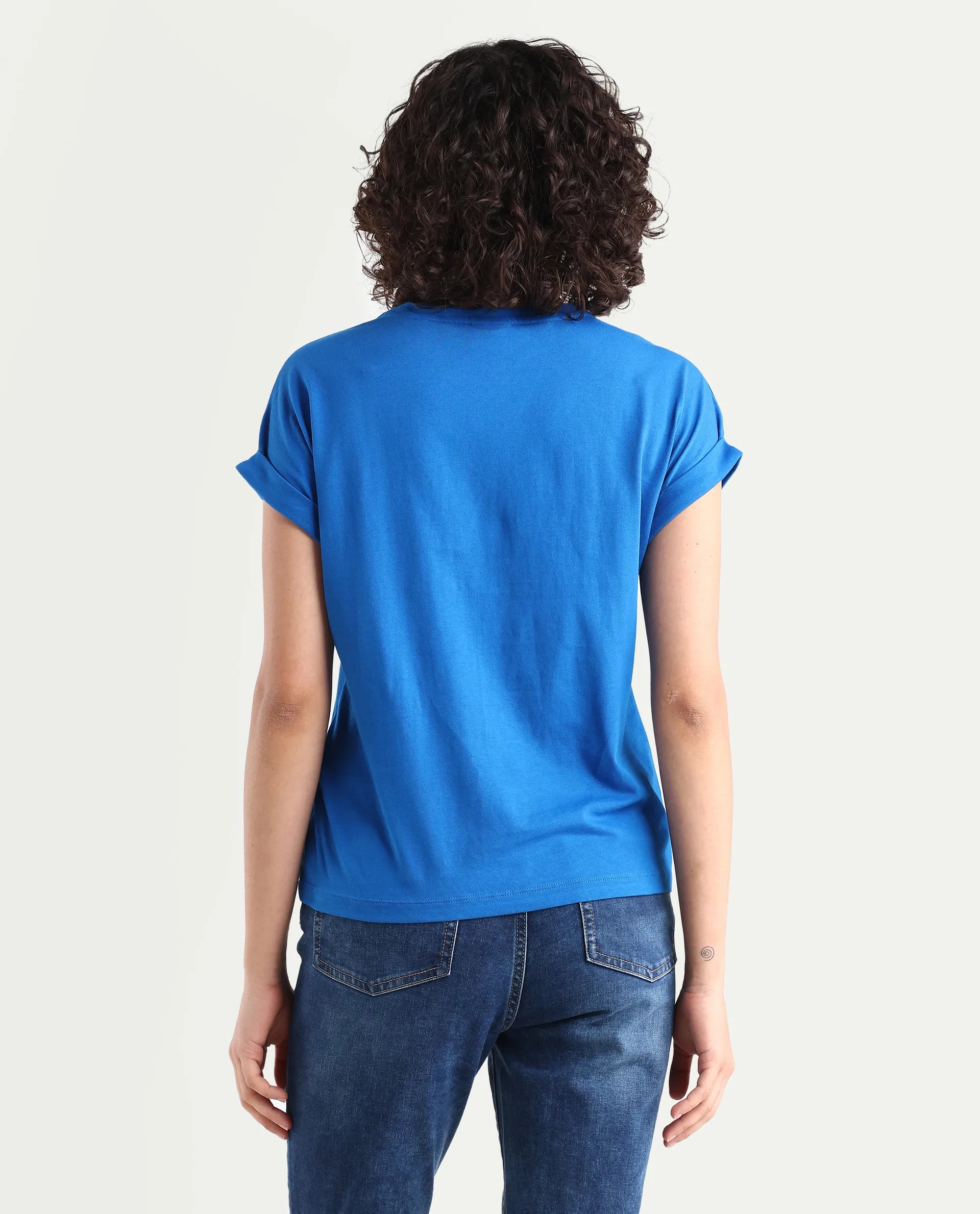 Rareism Women's Bhars Blue Viscose Blend Crew Neck Regular Fit Typography Print T-Shirt
