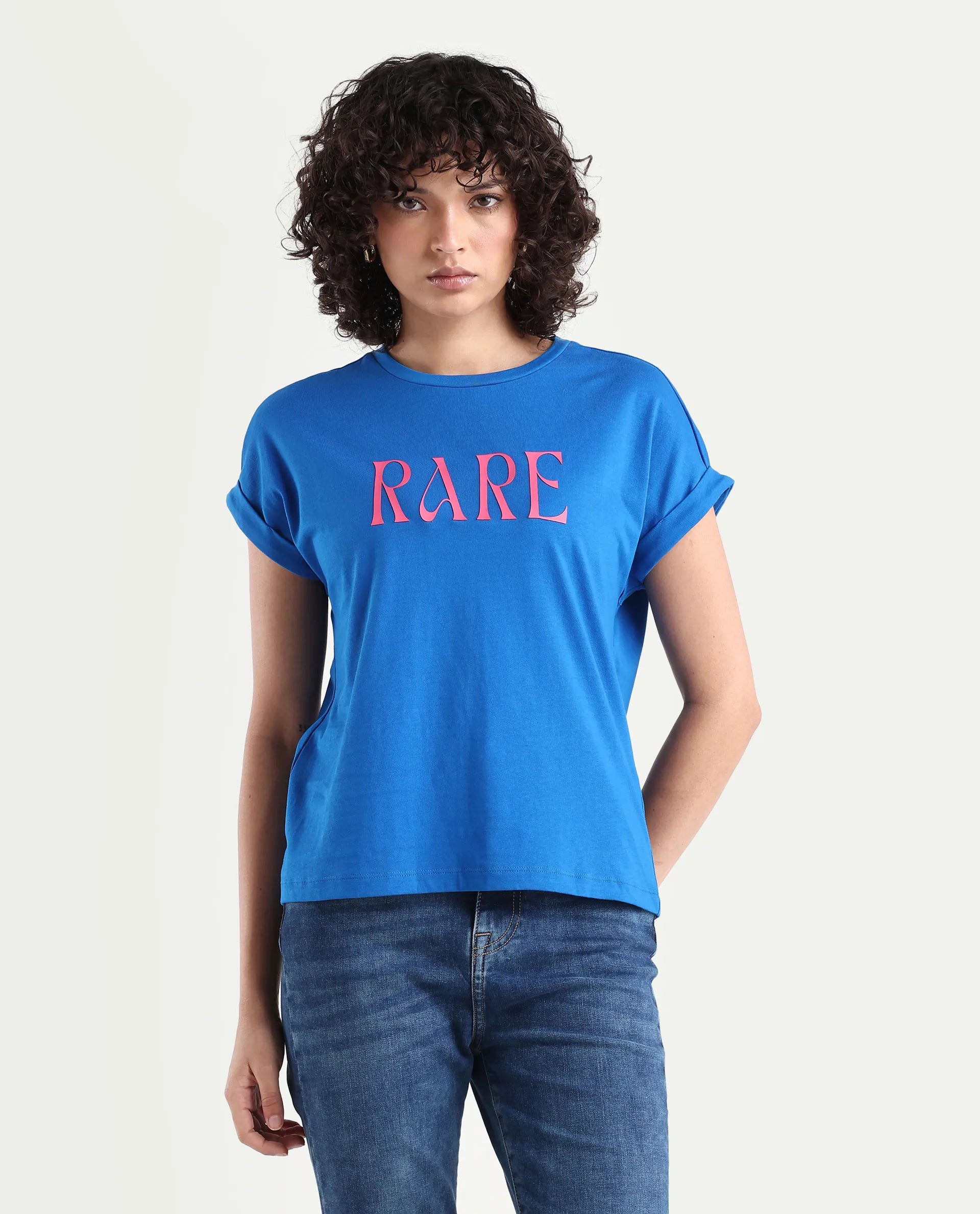 Rareism Women's Bhars Blue Cotton Crew Neck Regular Fit Typography Print T-Shirt