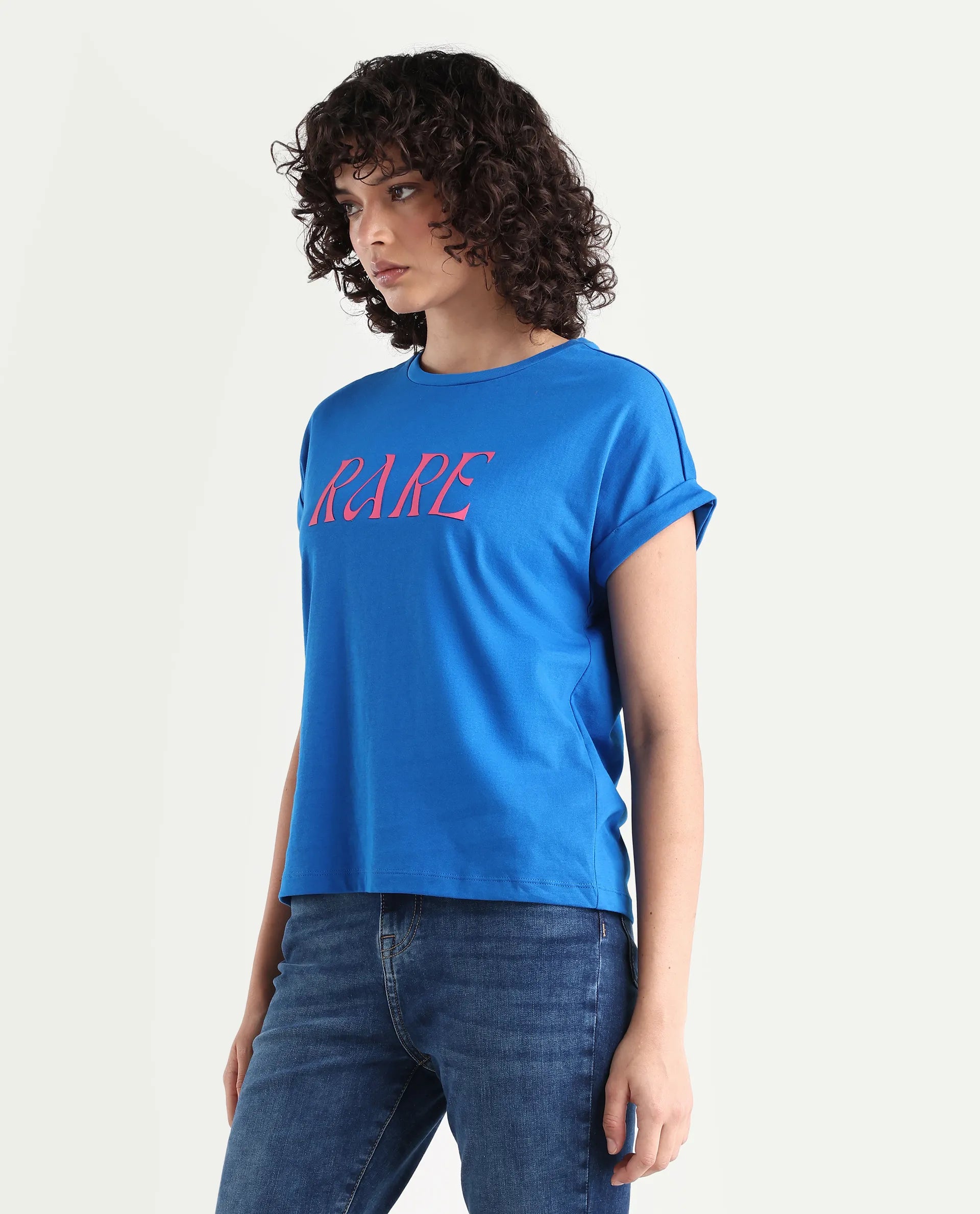 Rareism Women's Bhars Blue Viscose Blend Crew Neck Regular Fit Typography Print T-Shirt