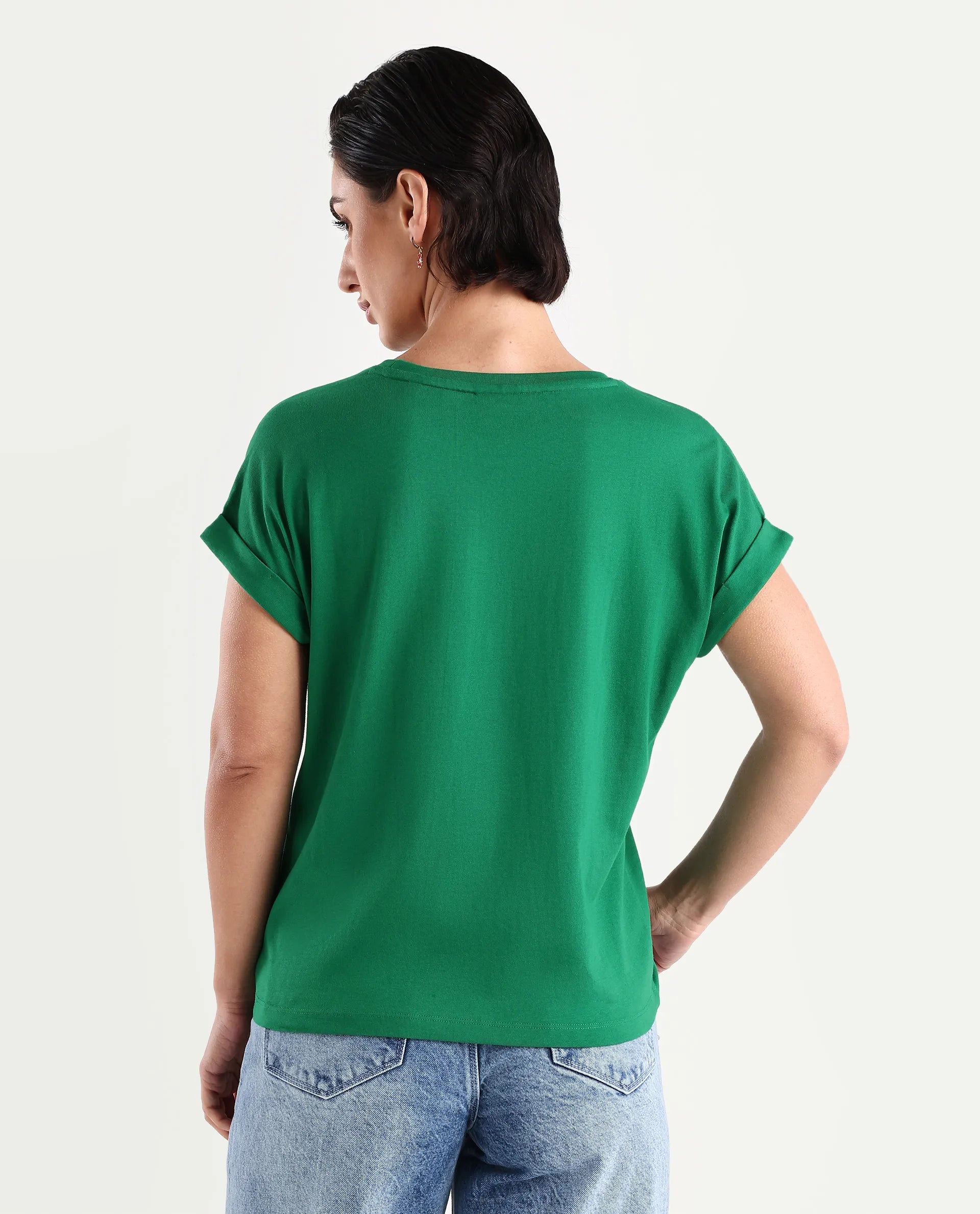 Rareism Women's Bhars Green Cotton Crew Neck Typography Print Extended Sleeves Regular Fit T-Shirt