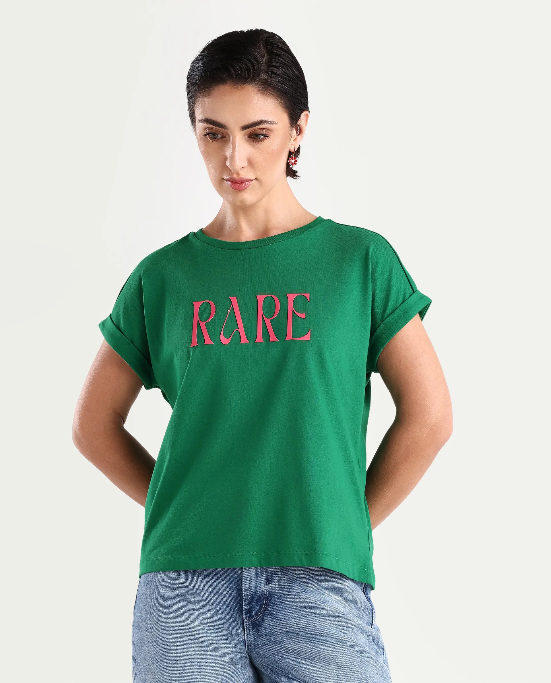 Rareism Women's Bhars Green Viscose Blend Crew Neck Typography Print Extended Sleeves Regular Fit T-Shirt