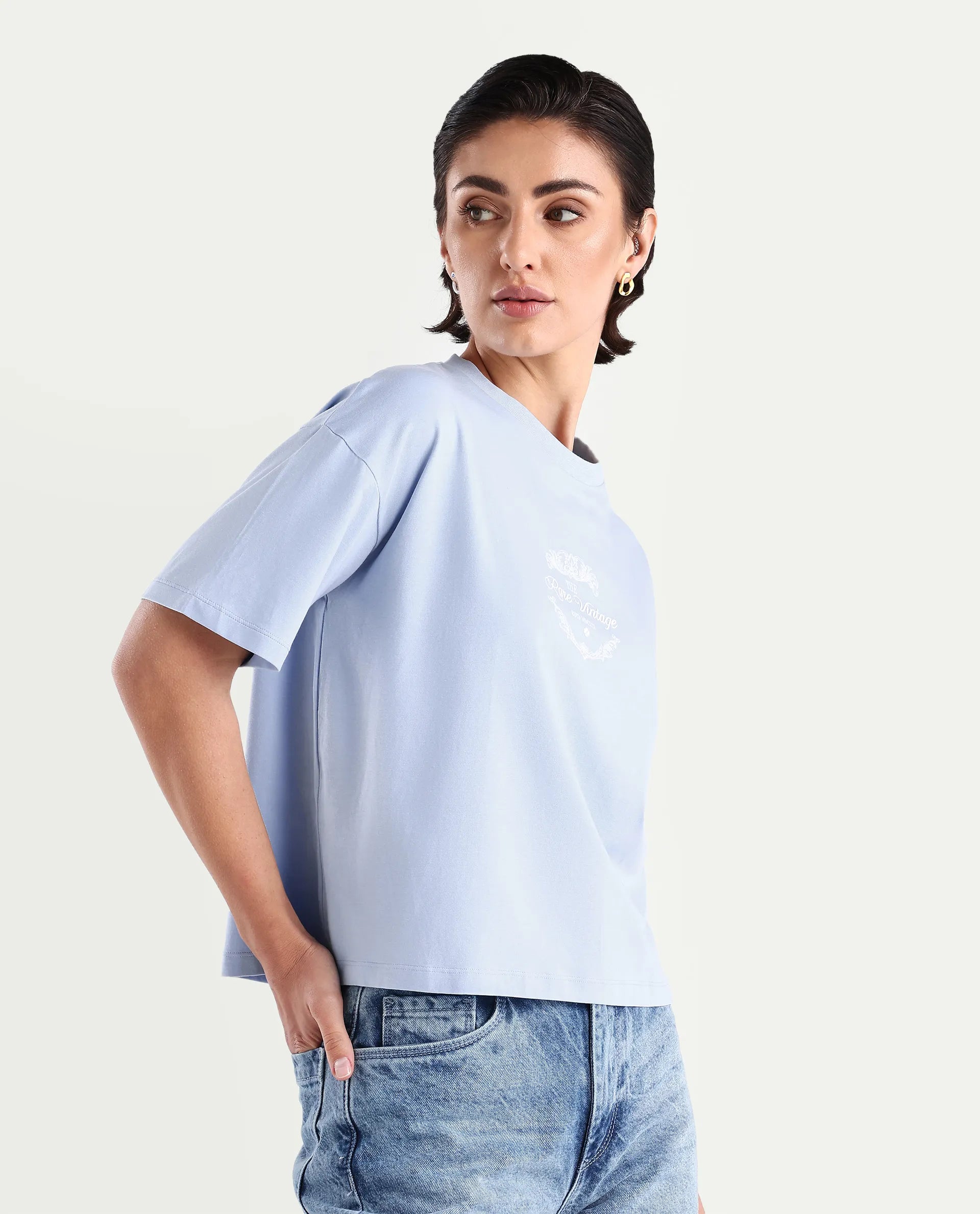 Rareism Women's Bhasi Light Blue Cotton Blend Crew Neck Graphic Print Boxy Fit T-Shirt