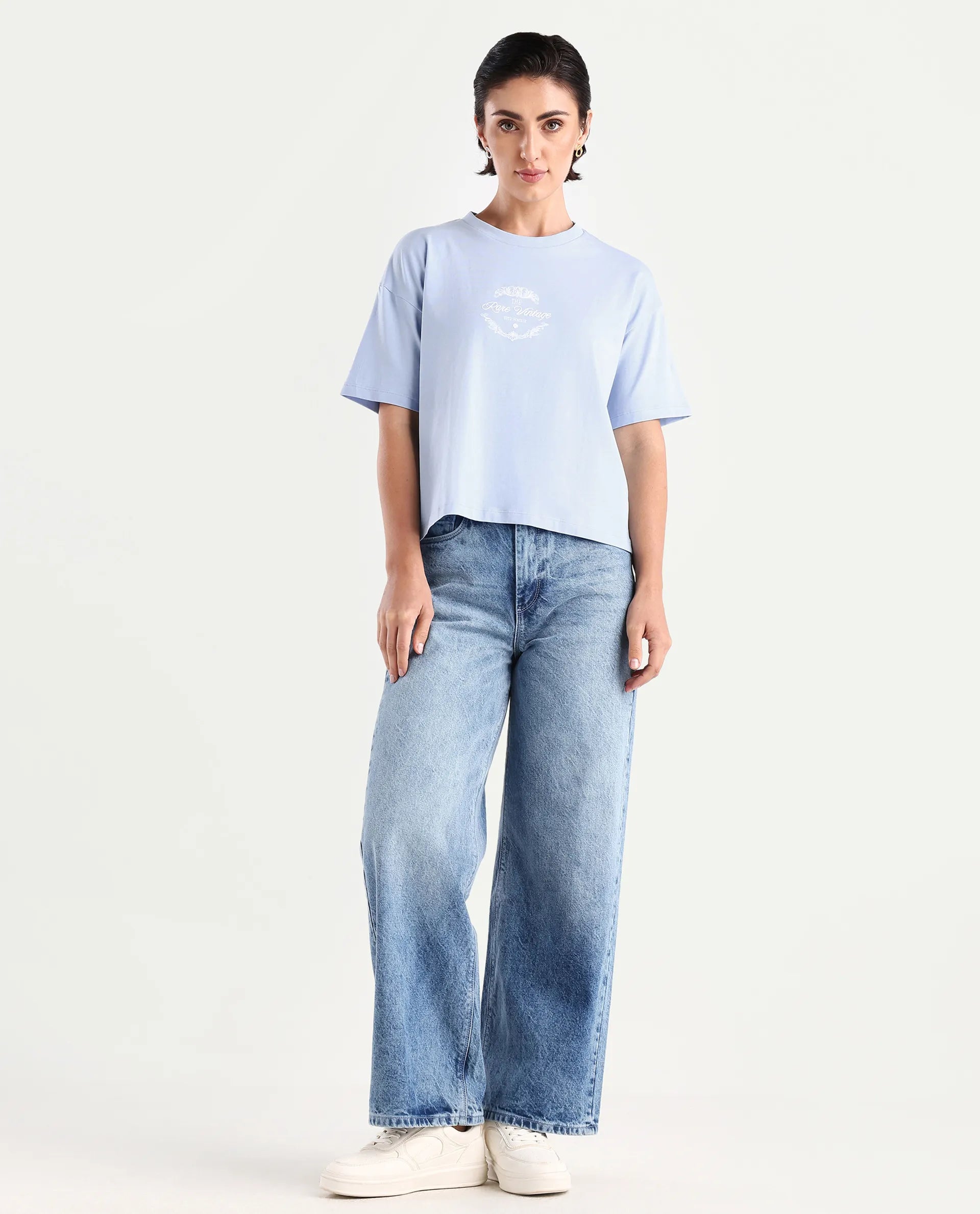 Rareism Women's Bhasi Light Blue Cotton Blend Crew Neck Graphic Print Boxy Fit T-Shirt