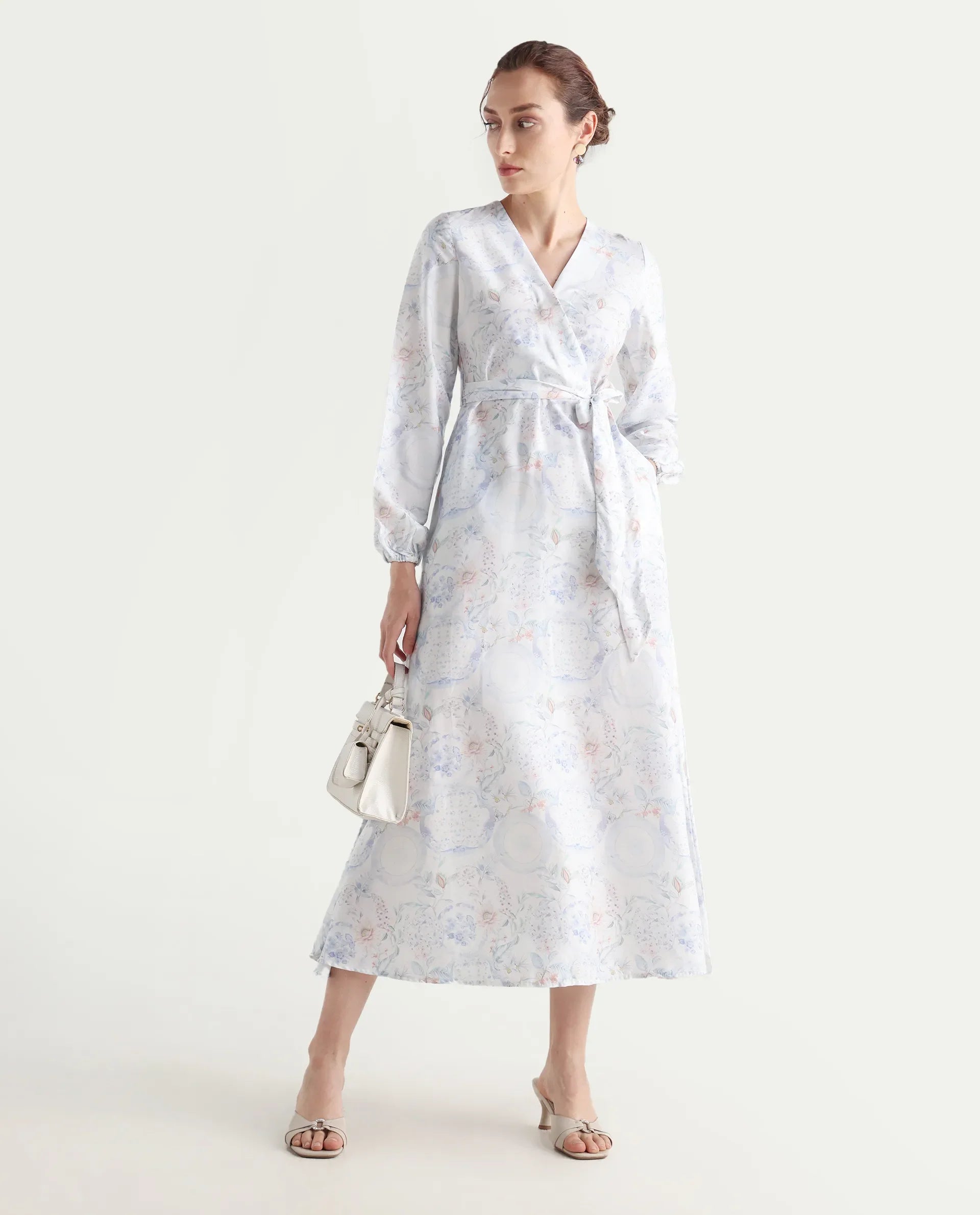 Rareism Women's Bhaxjo Light Multi Tencel V-Neck Abstract Print Midi A-Line Dress