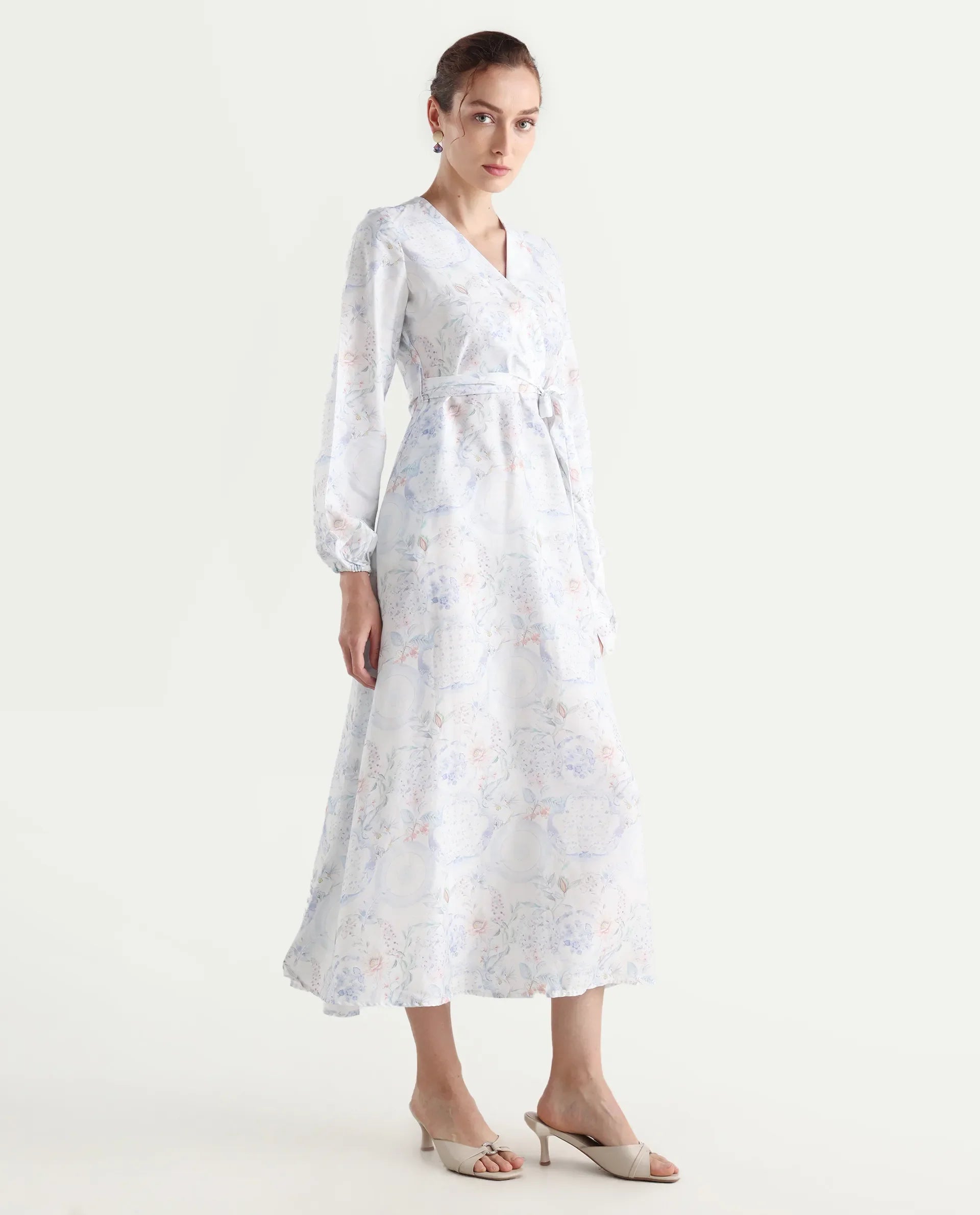 Rareism Women's Bhaxjo Light Multi Cotton V-Neck Abstract Print Midi A-Line Dress
