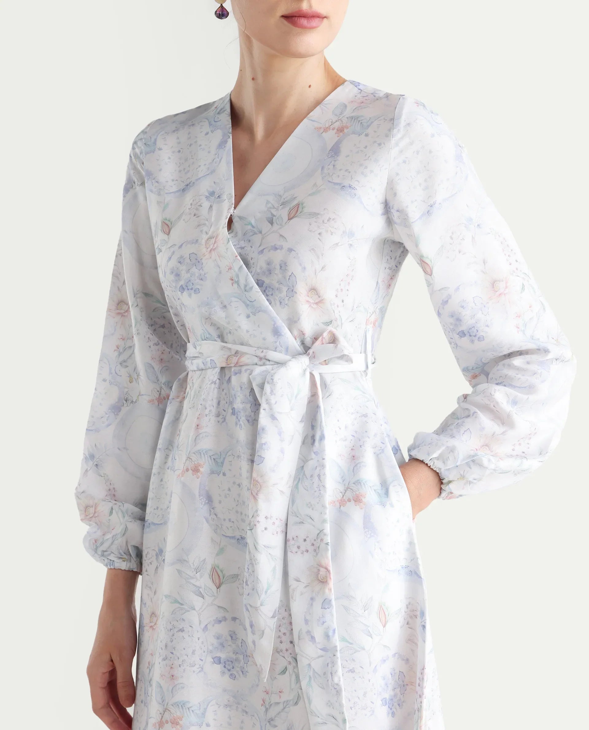Rareism Women's Bhaxjo Light Multi Cotton V-Neck Abstract Print Midi A-Line Dress