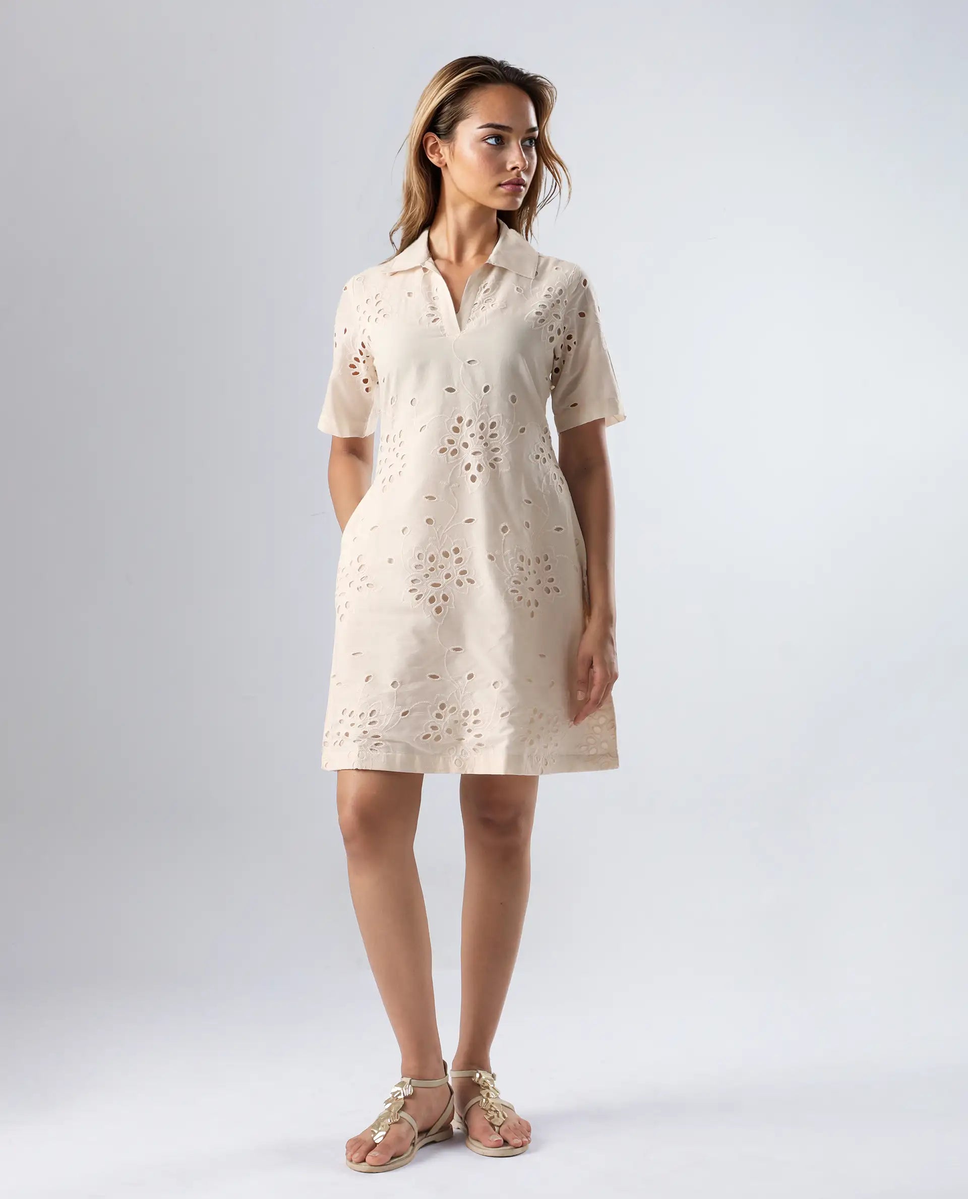 Rareism Women's Bhazi Off White Cotton Ribbed Collar Plain Knee Length Straight Fit Dress