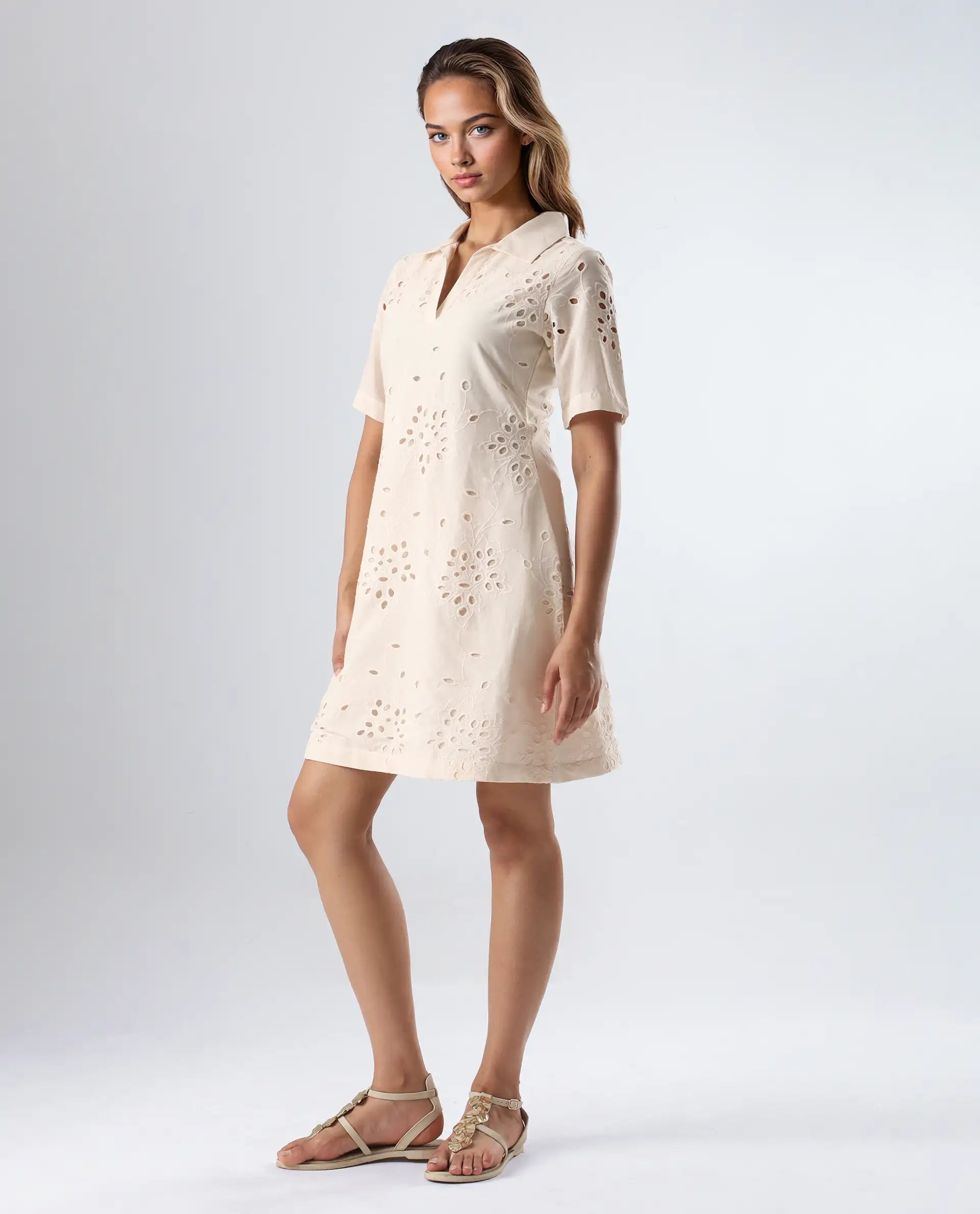 Rareism Women's Bhazi Off White Cotton Ribbed Collar Plain Knee Length Straight Fit Dress