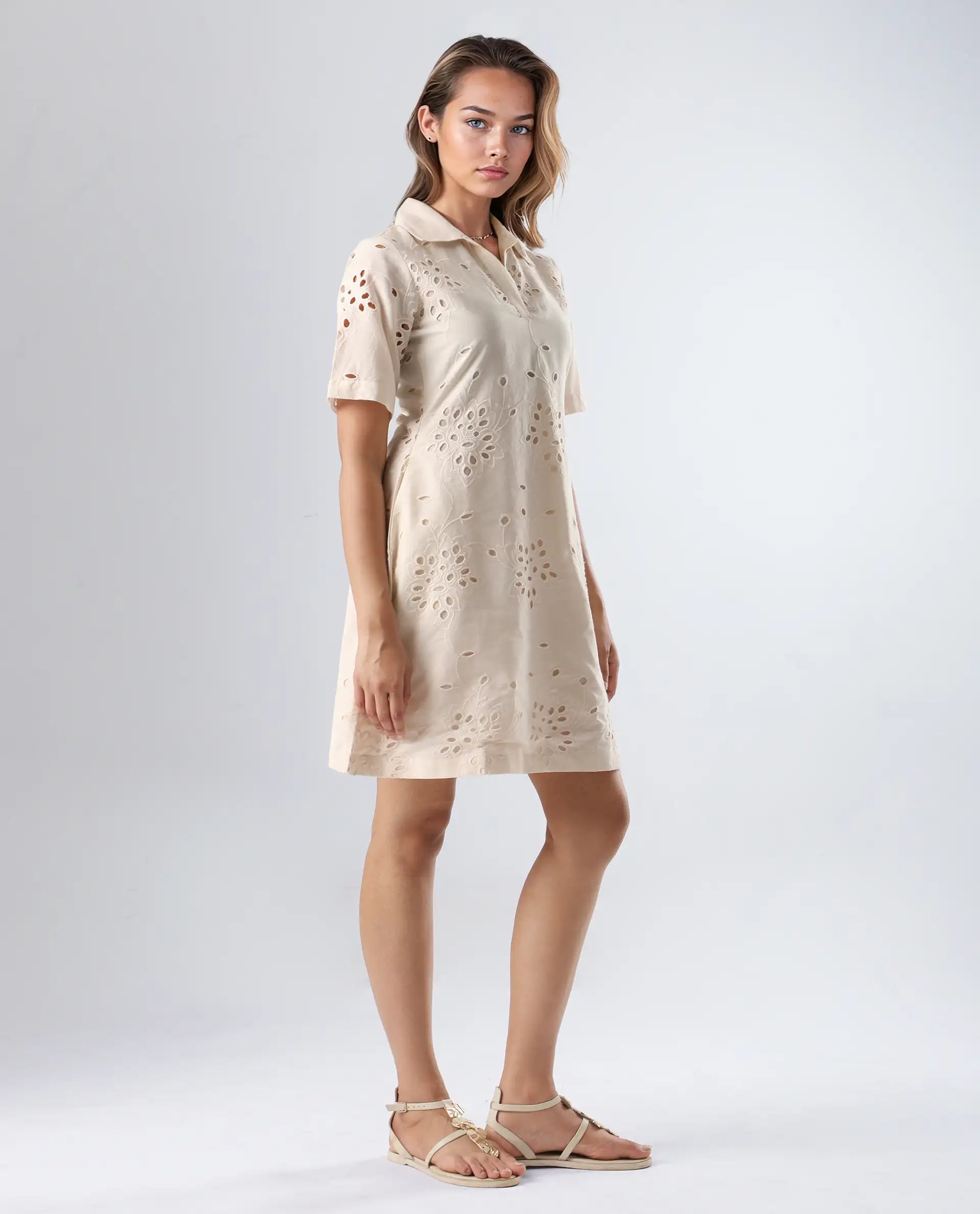 Rareism Women's Bhazi Off White Cotton Ribbed Collar Plain Knee Length Straight Fit Dress