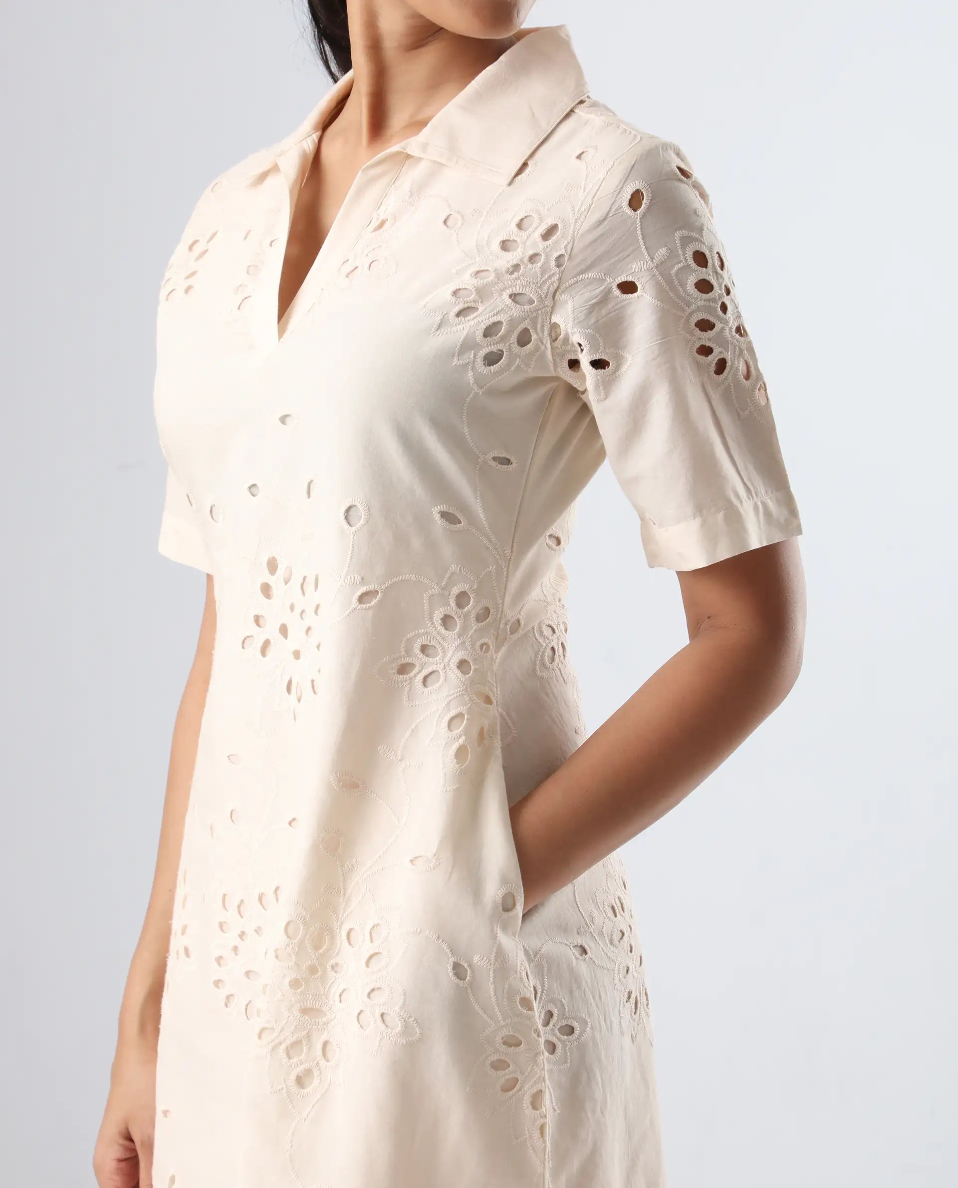 Rareism Women's Bhazi Off White Cotton Ribbed Collar Plain Knee Length Straight Fit Dress