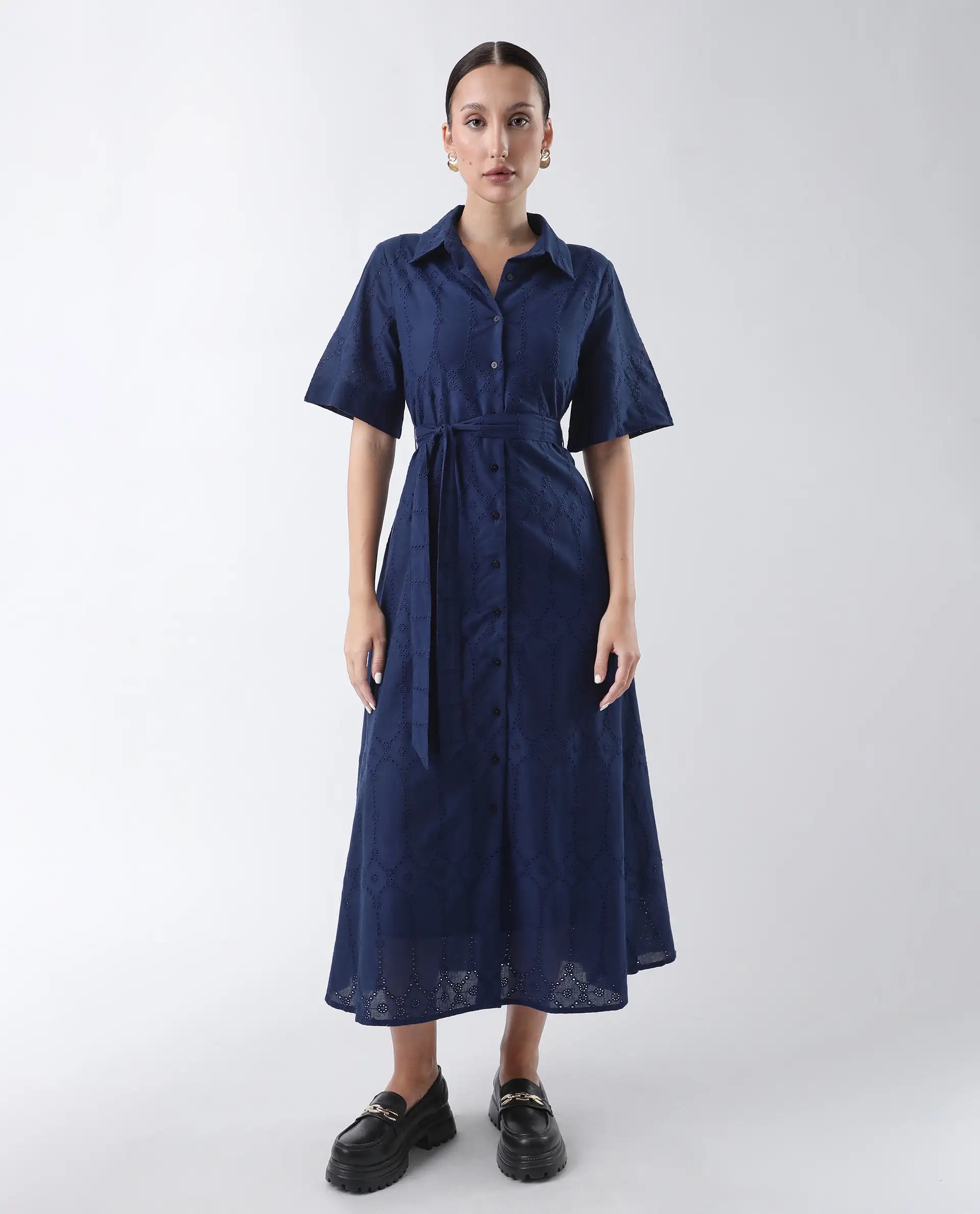 Rareism Women's Bhazlo Navy Polyester Spread Collar Plain Midi A-Line Dress