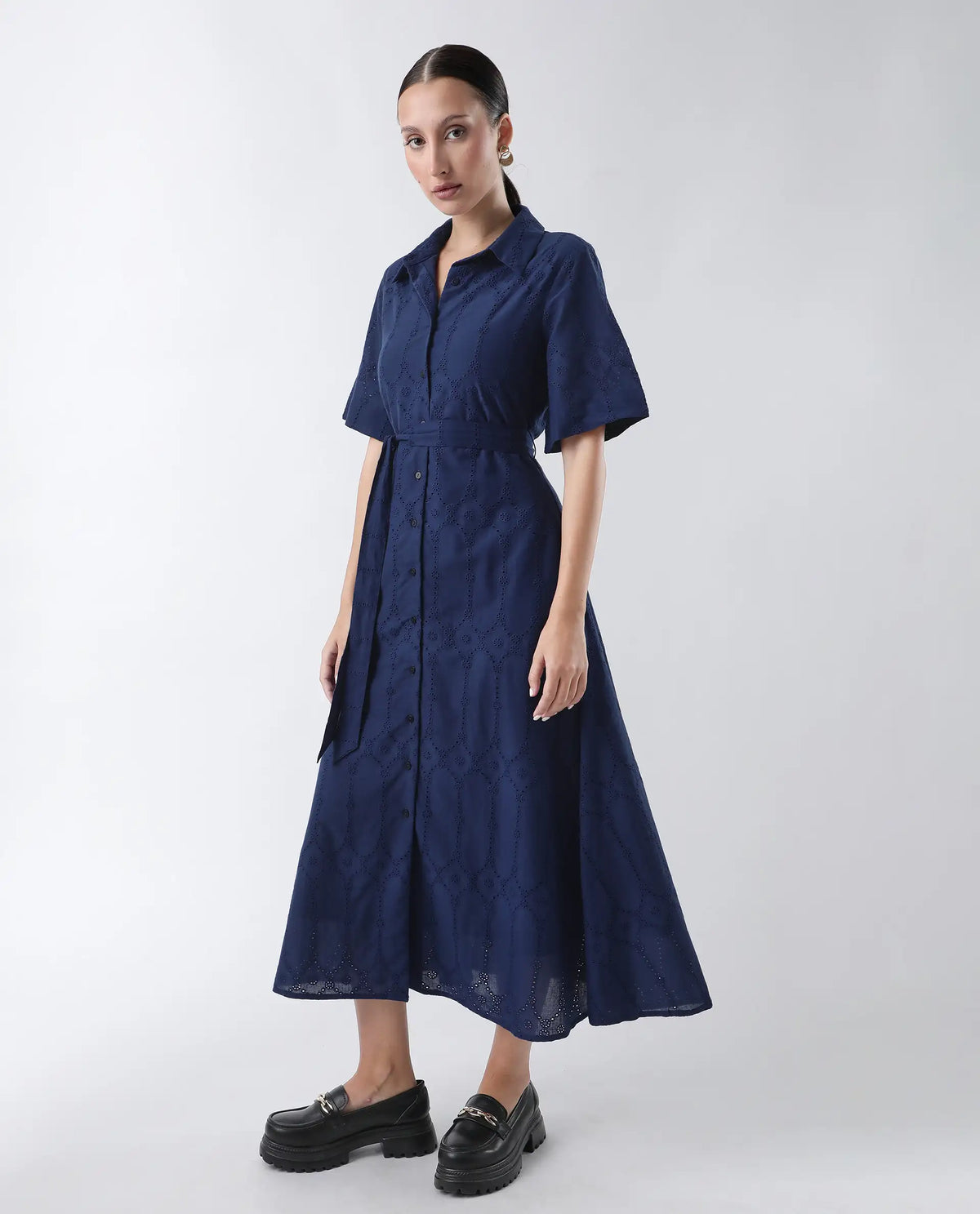 Rareism Women's Bhazlo Navy Polyester Spread Collar Plain Midi A-Line Dress