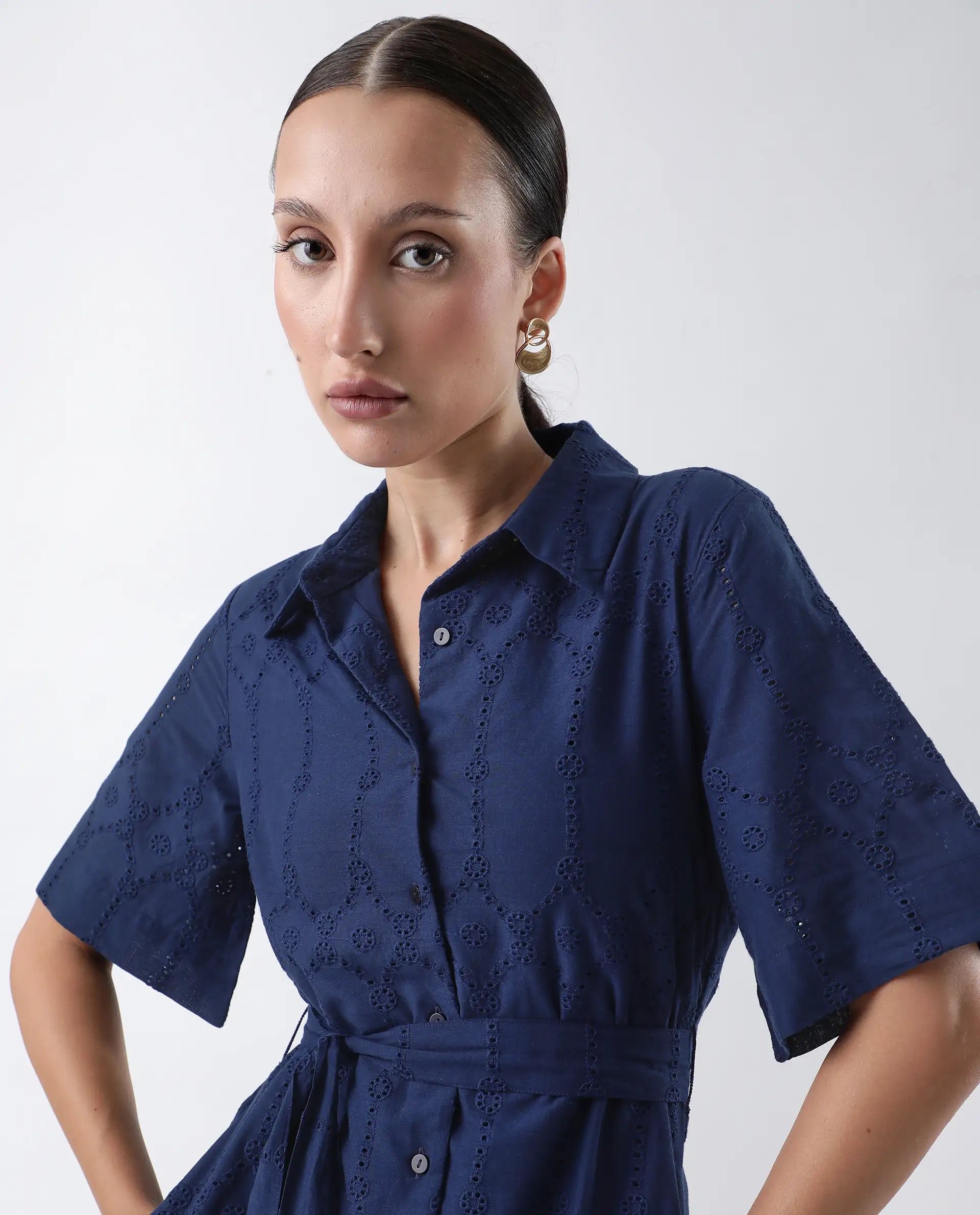 Rareism Women's Bhazlo Navy Polyester Spread Collar Plain Midi A-Line Dress