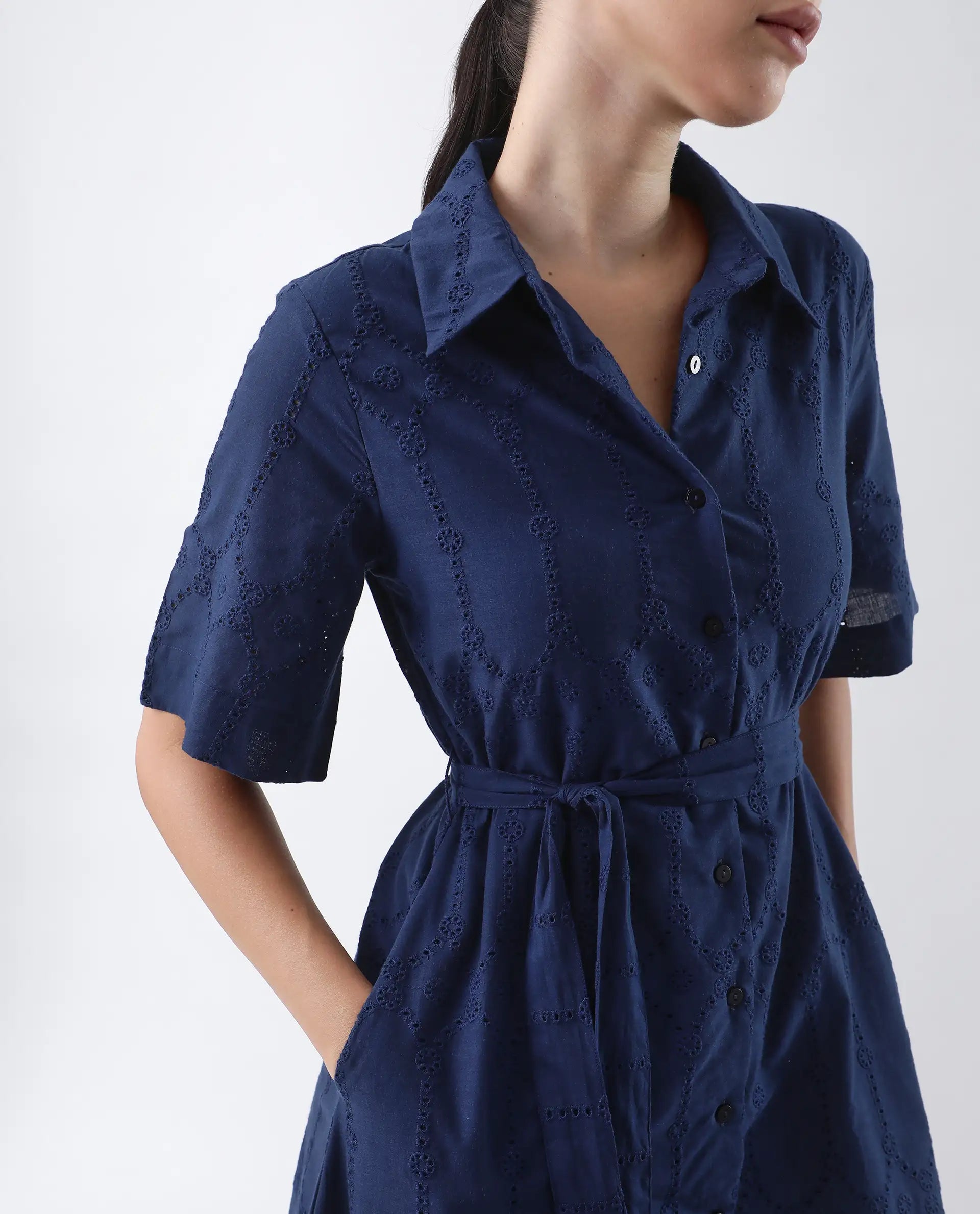 Rareism Women's Bhazlo Navy Polyester Spread Collar Plain Midi A-Line Dress