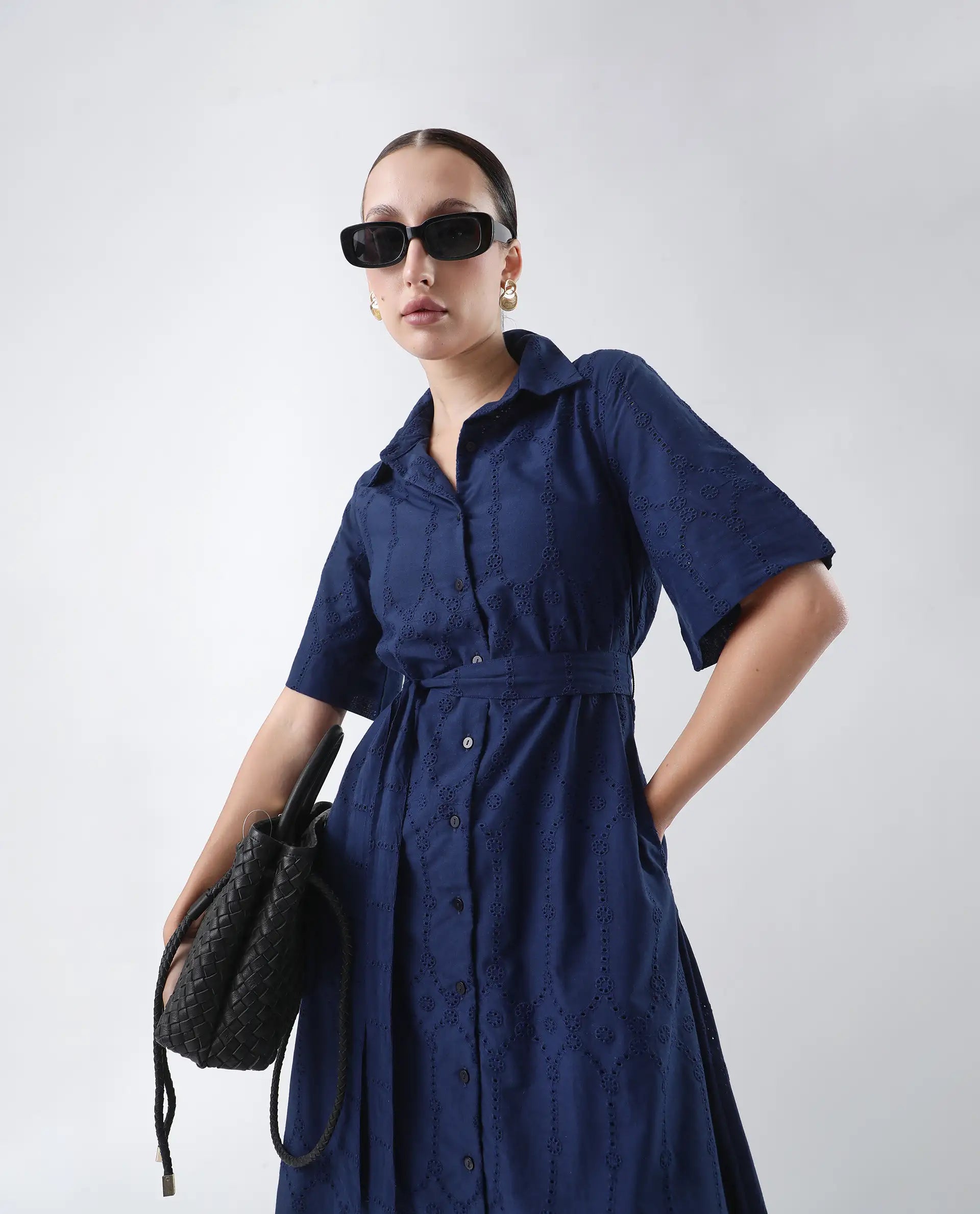 Rareism Women's Bhazlo Navy Polyester Spread Collar Plain Midi A-Line Dress