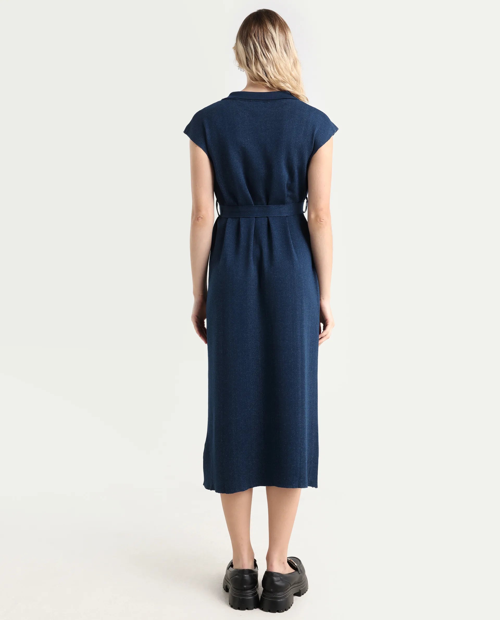 Rareism Women's Bhize Navy Viscose Blend Spread Collar Plain Extended Sleeves Midi Straight Fit Dress