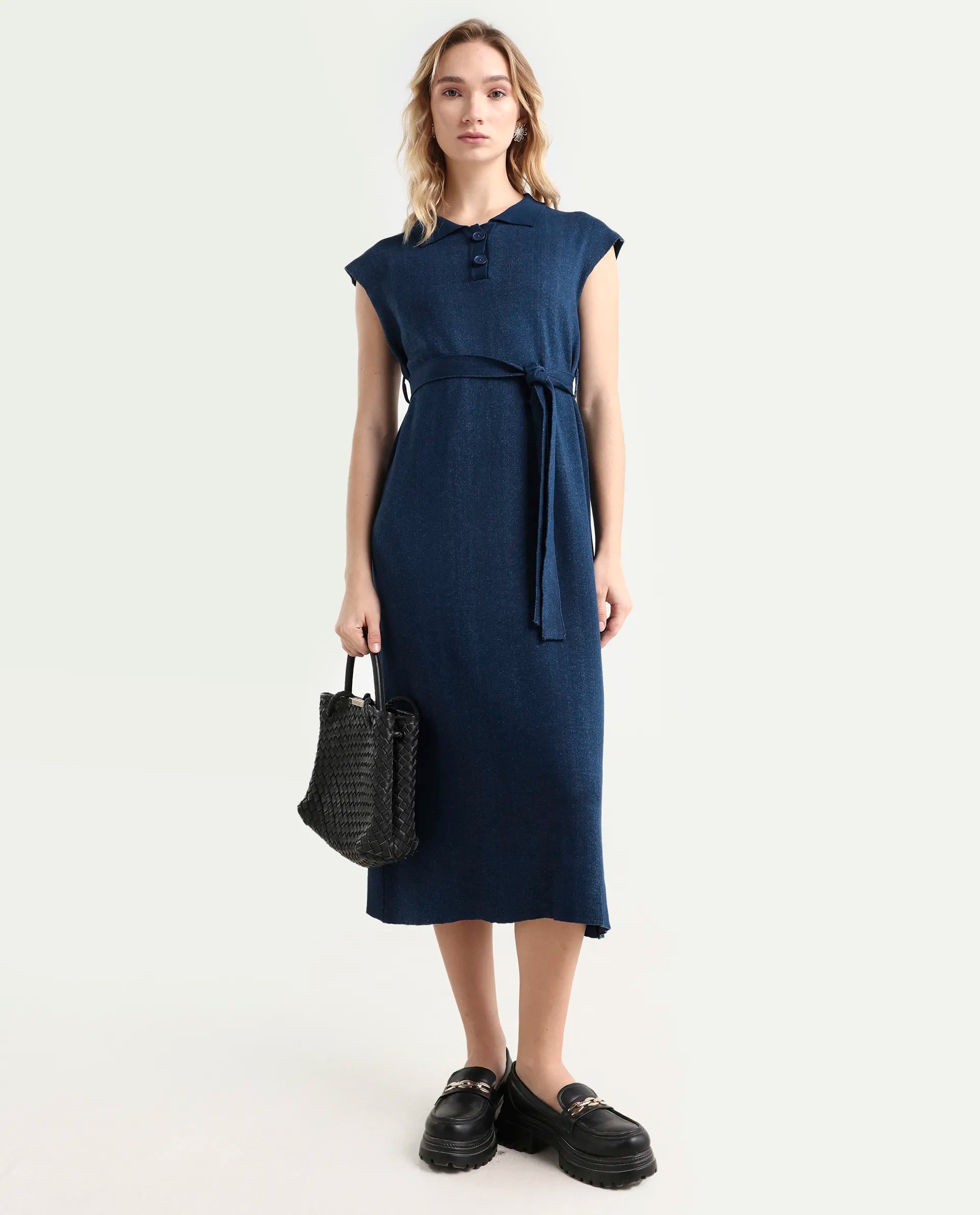 Rareism Women's Bhize Navy Viscose Blend Spread Collar Plain Extended Sleeves Midi Straight Fit Dress