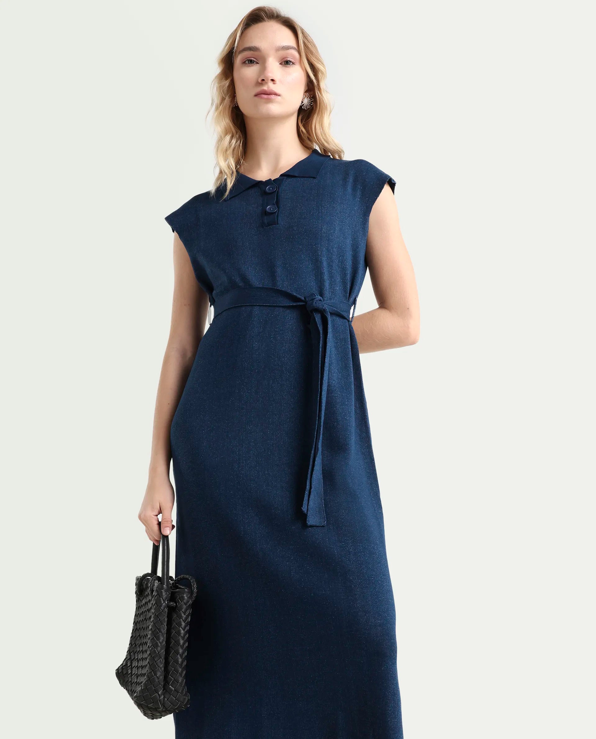Rareism Women's Bhize Navy Viscose Blend Spread Collar Plain Extended Sleeves Midi Straight Fit Dress