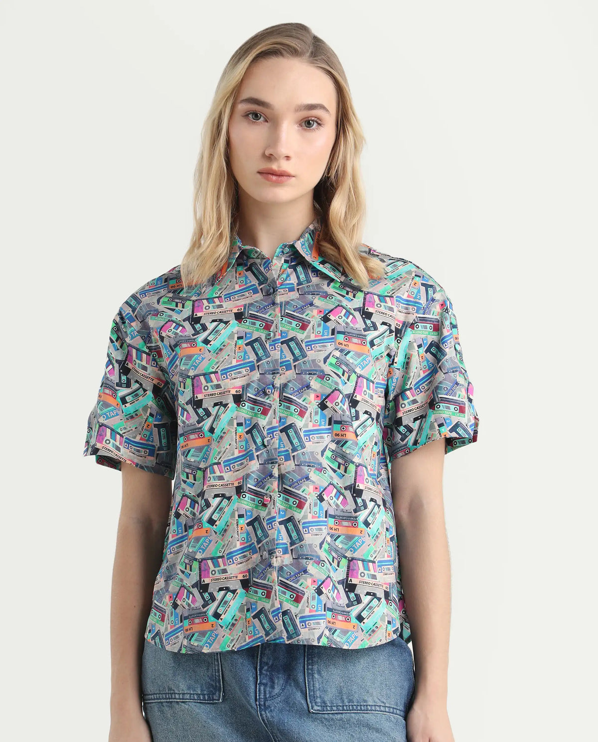 Rareism Women's Bhx Multi Cotton Drop Collar Object Print Regular Fit Shirt